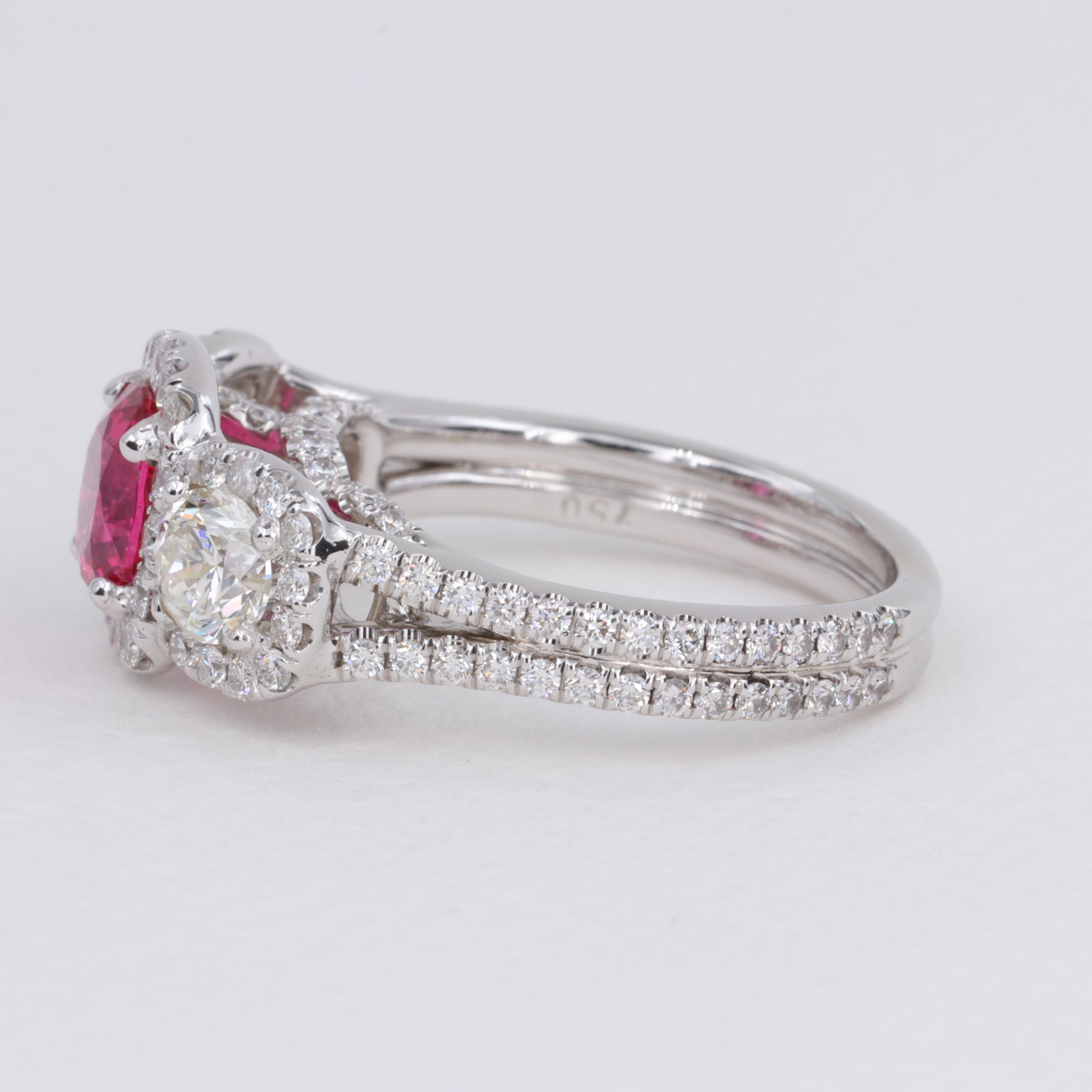 1.44 Carat Pink Spinel G.I.A. and Diamond Three Stone Halo Ring  For Sale 1