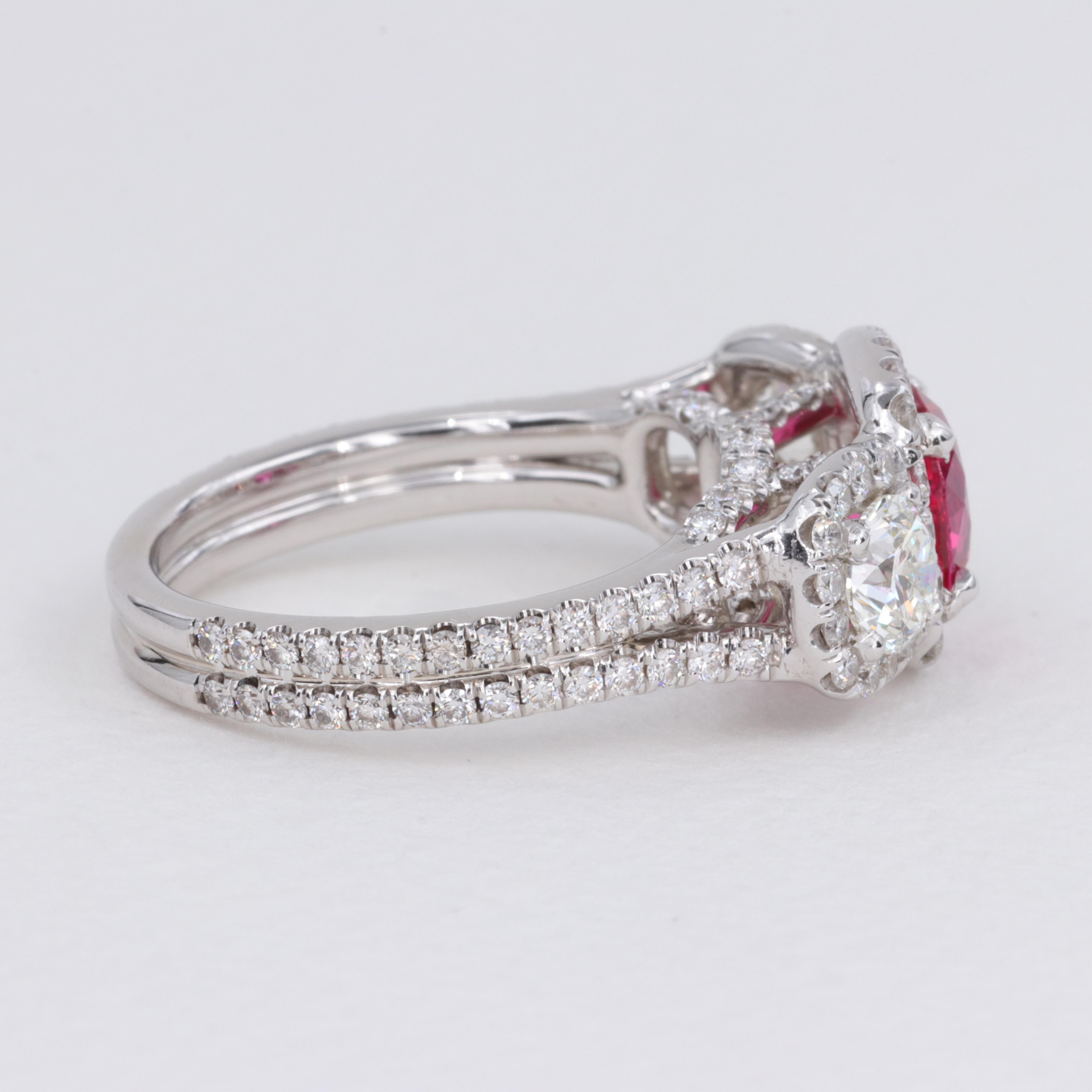 1.44 Carat Pink Spinel G.I.A. and Diamond Three Stone Halo Ring  For Sale 2