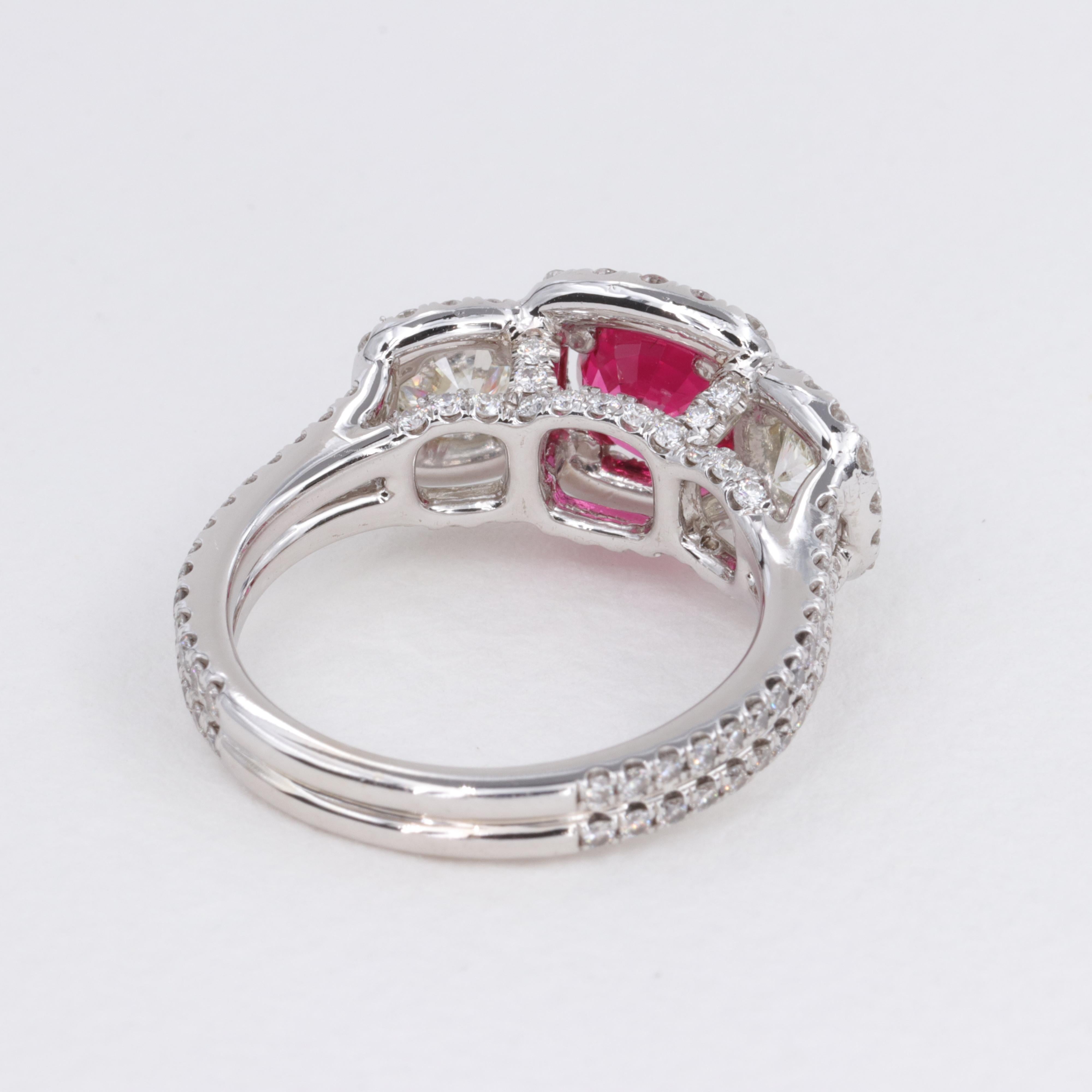 1.44 Carat Pink Spinel G.I.A. and Diamond Three Stone Halo Ring  For Sale 3