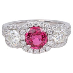 1.44 Carat Pink Spinel G.I.A. and Diamond Three Stone Halo Ring 