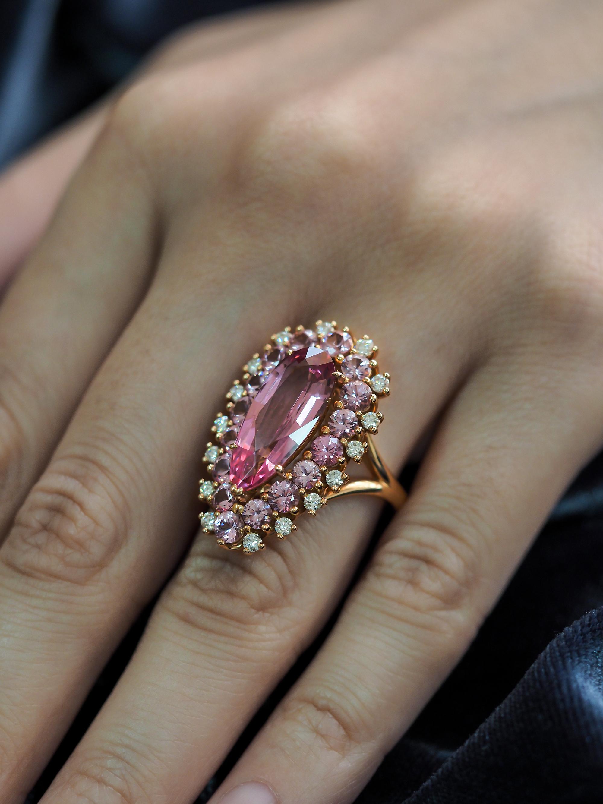 Artisan Pink Spinel and Diamonds Ring, 18k Rose Gold, Pink Spinels and Diamonds Ring For Sale