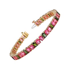 Bracelet tennis à maillons en or jaune et rose 18 carats avec spinelle rose et tourmaline verte