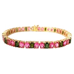 Pink Spinel and Green Tourmaline 18K Yellow and Rose Gold Tennis Link Bracelet