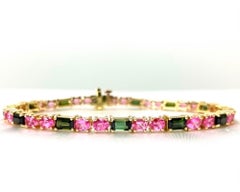 Pink Spinel and Green Tourmaline, Rose and Yellow Gold Tennis Bracelet