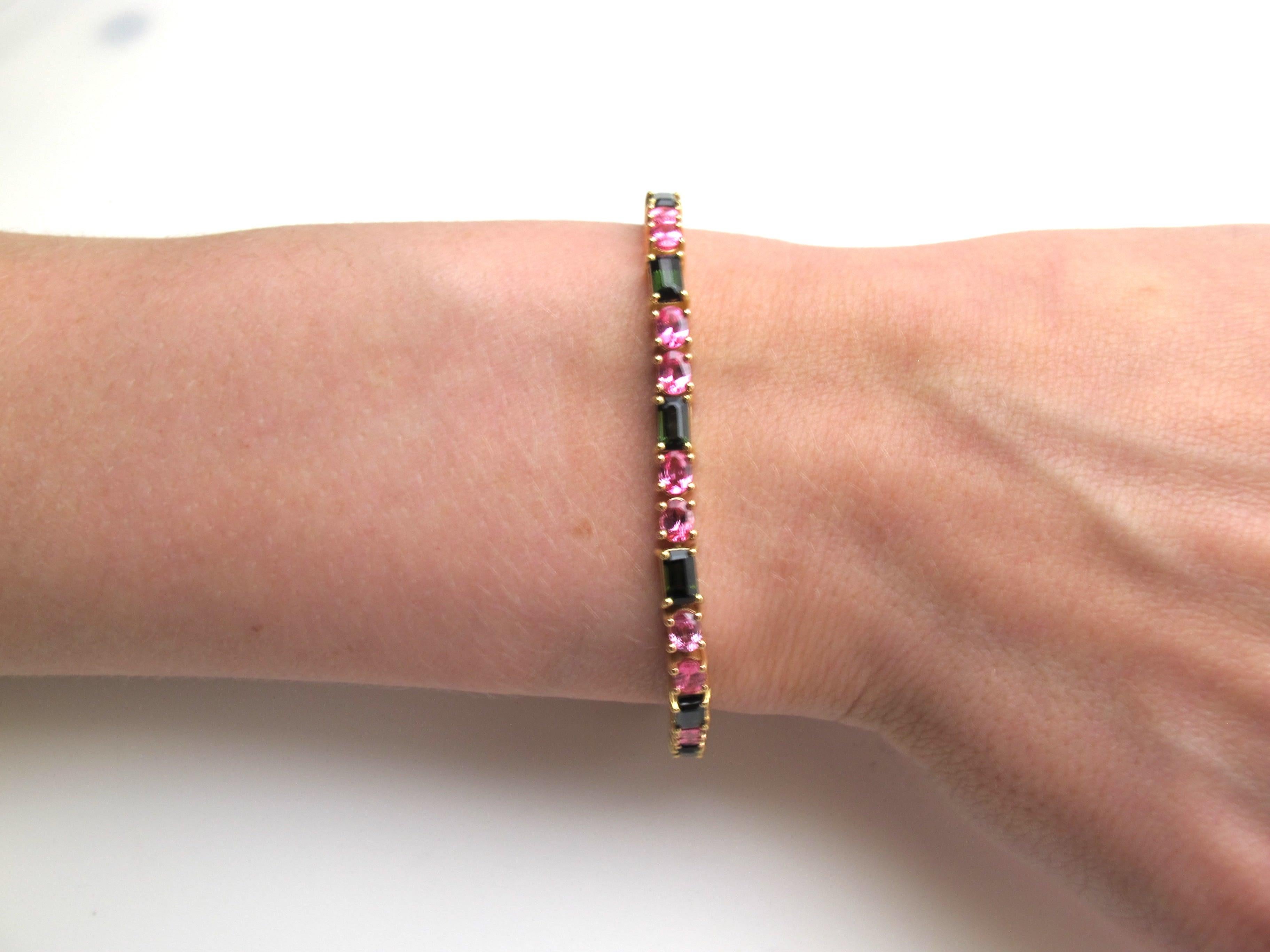 Artisan Pink Spinel and Green Tourmaline, Rose and Yellow Gold Tennis Bracelet  For Sale