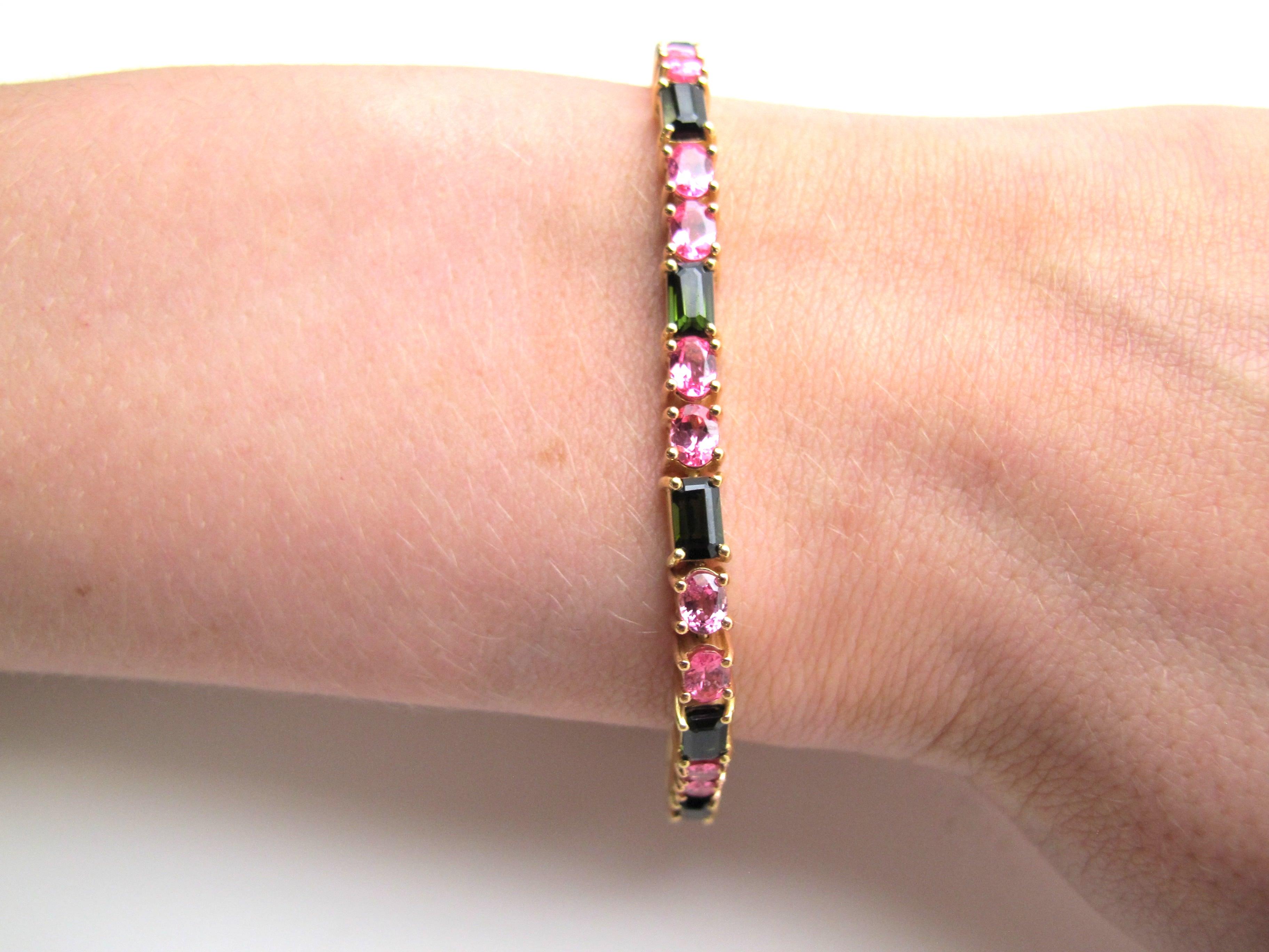Emerald Cut Pink Spinel and Green Tourmaline, Rose and Yellow Gold Tennis Bracelet  For Sale