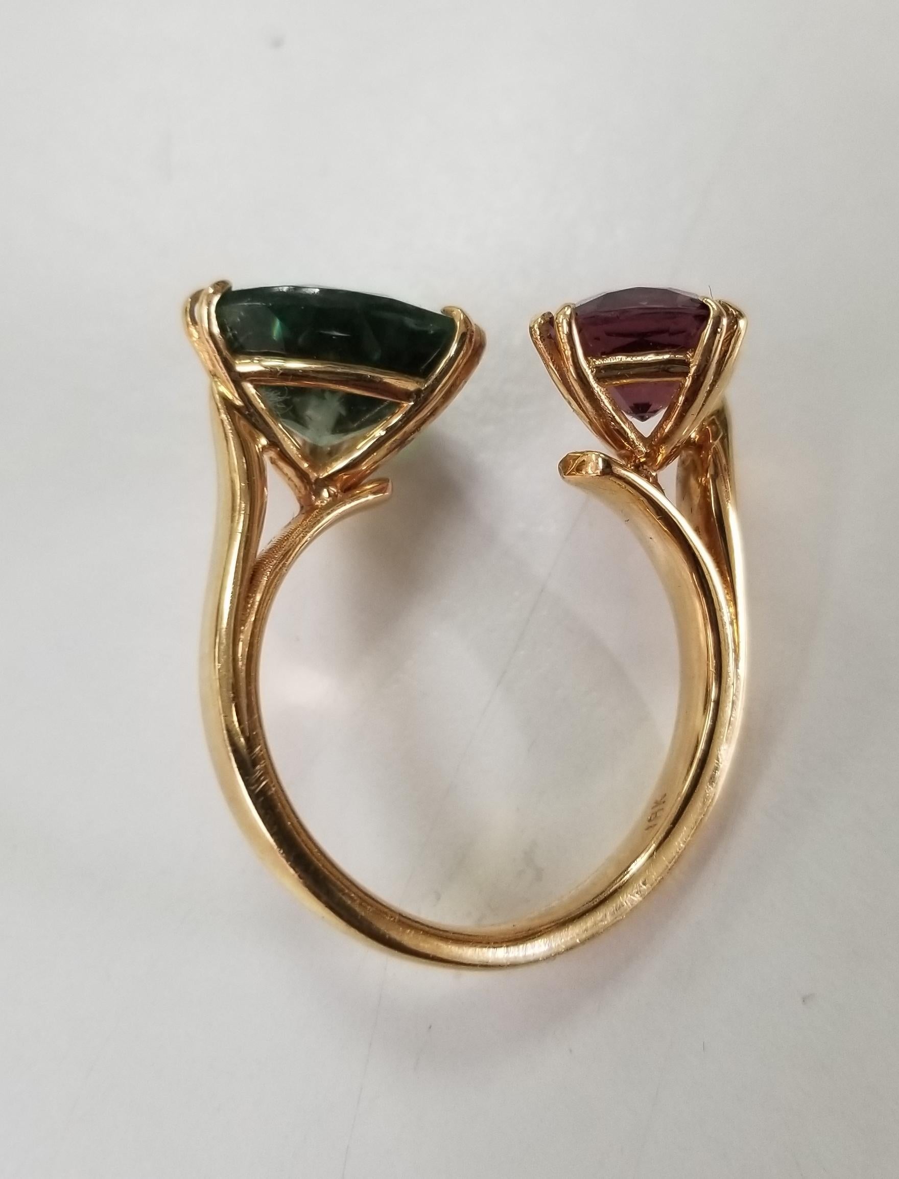 Trillion Cut Pink Spinel and Green Tourmaline Spaced Ring Set in 18 Karat Rose Gold