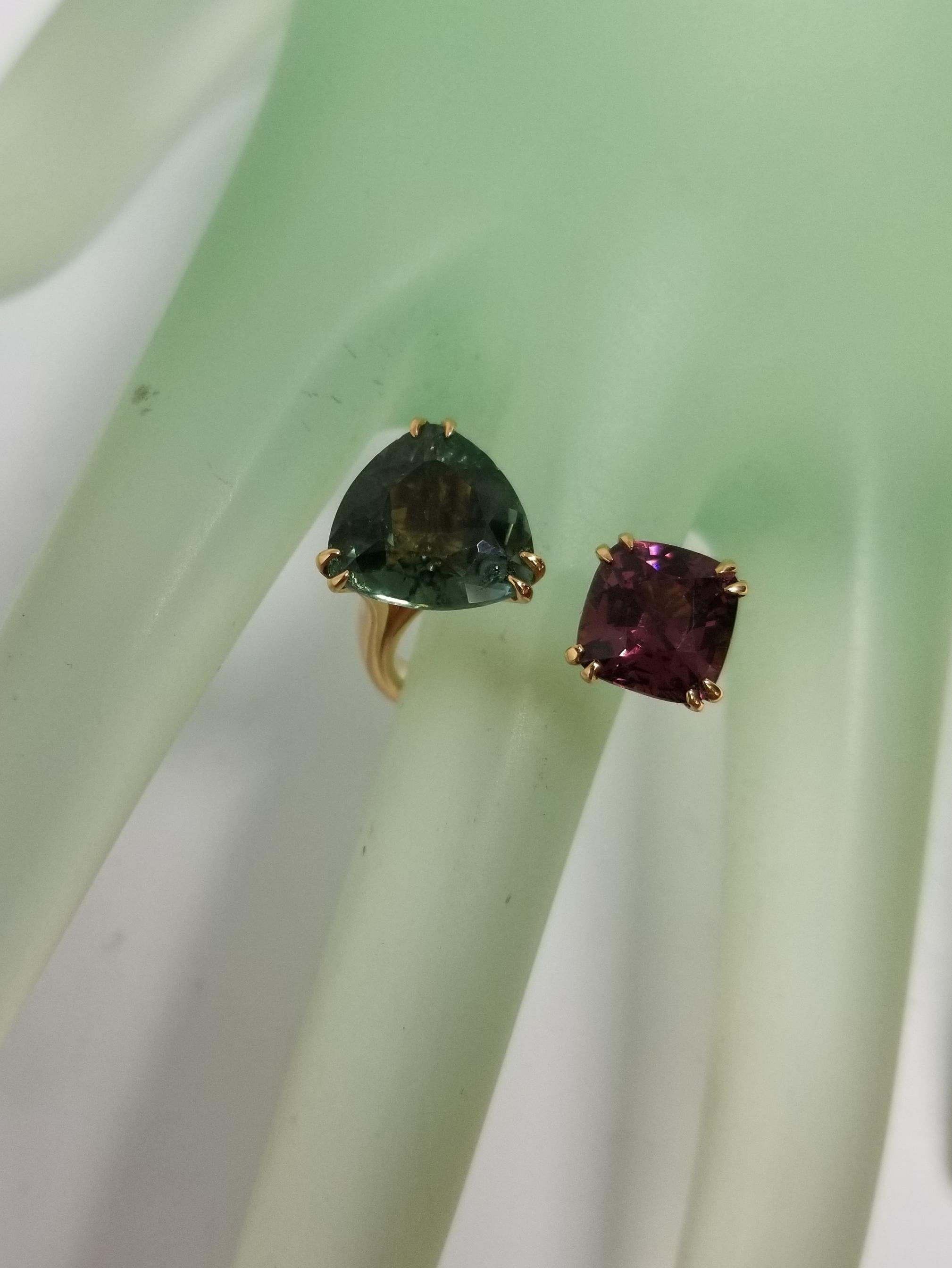 Women's or Men's Pink Spinel and Green Tourmaline Spaced Ring Set in 18 Karat Rose Gold