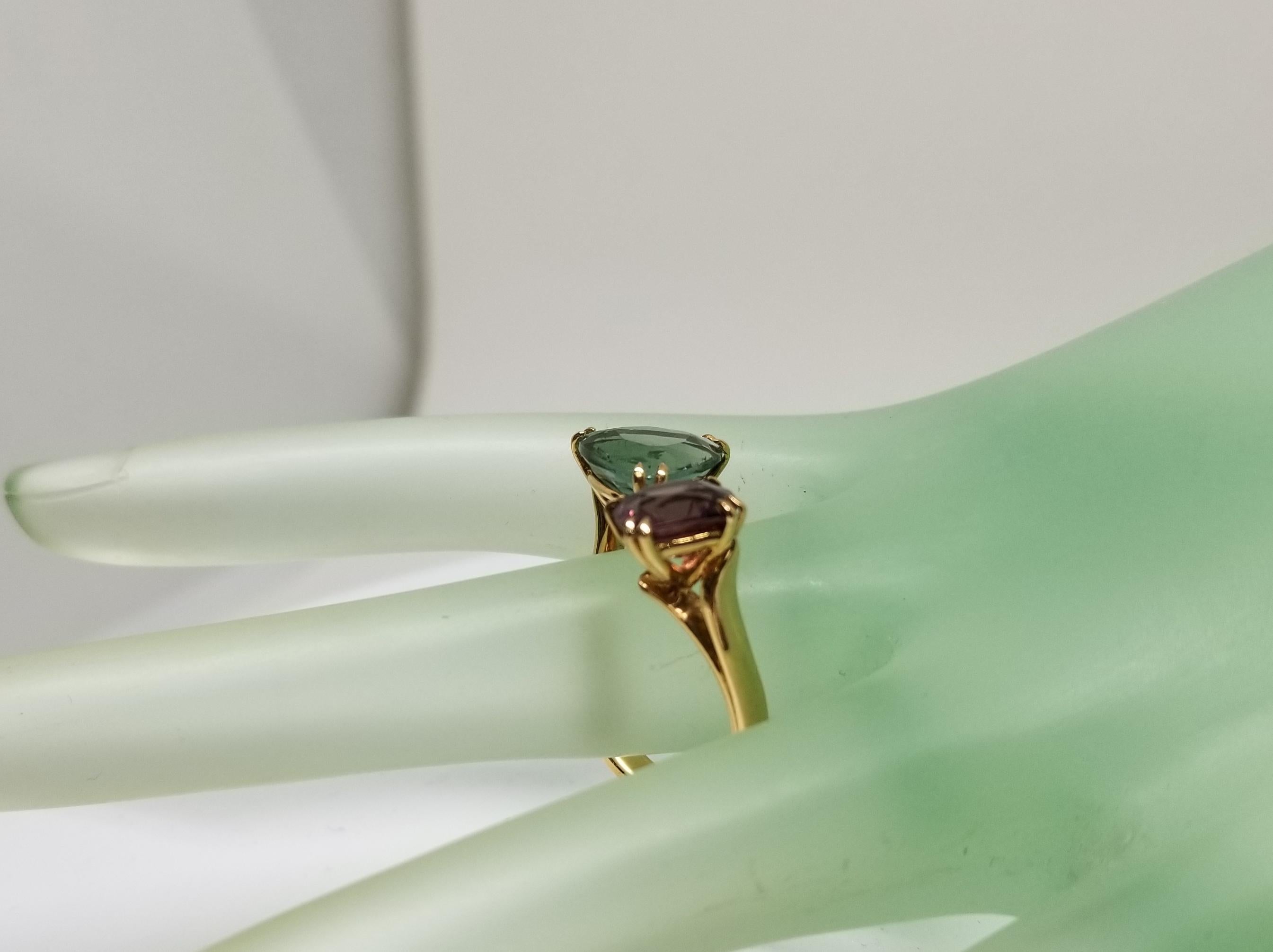 Pink Spinel and Green Tourmaline Spaced Ring Set in 18 Karat Rose Gold 2