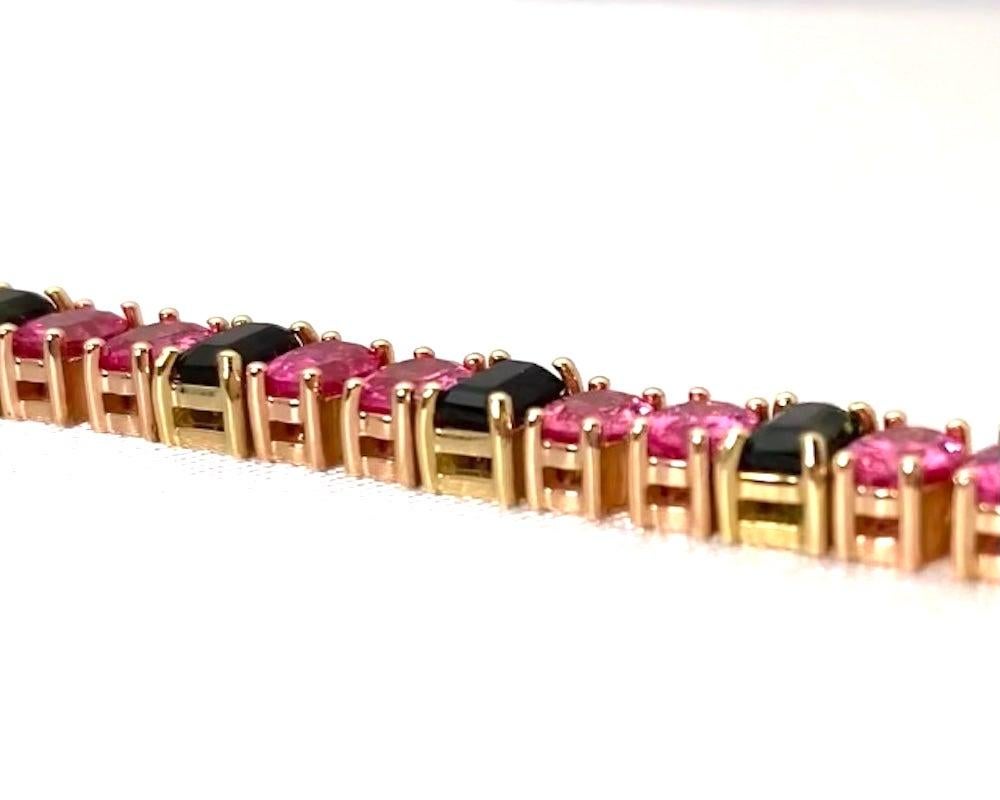 Artisan Pink Spinel and Green Tourmaline 18K Yellow and Rose Gold Tennis Link Bracelet For Sale