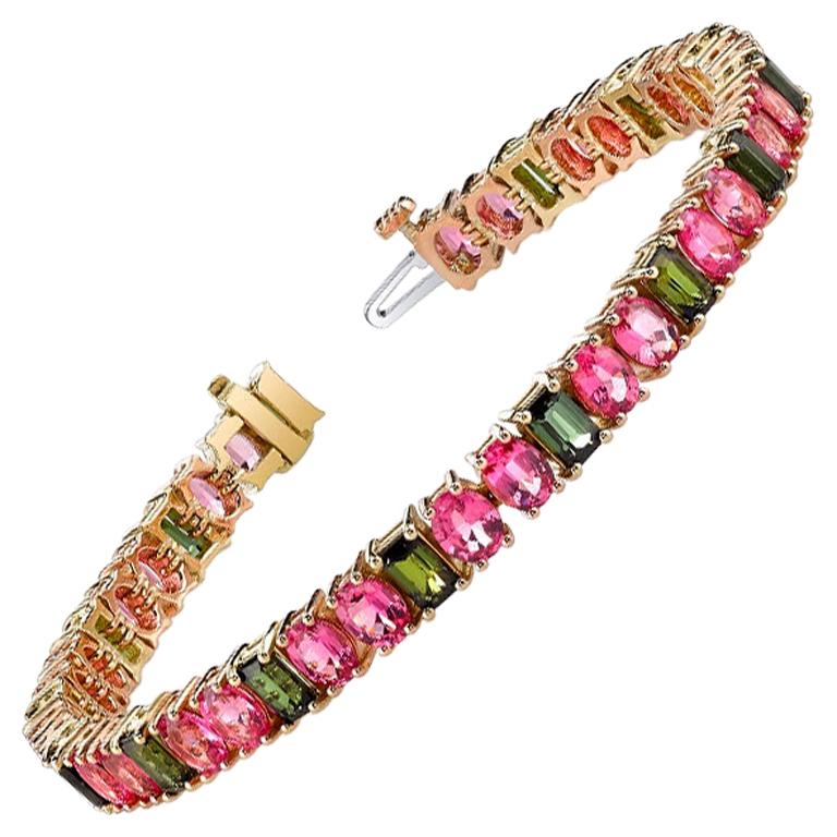 Bracelet tennis à maillons en or jaune et rose 18 carats avec spinelle rose et tourmaline verte