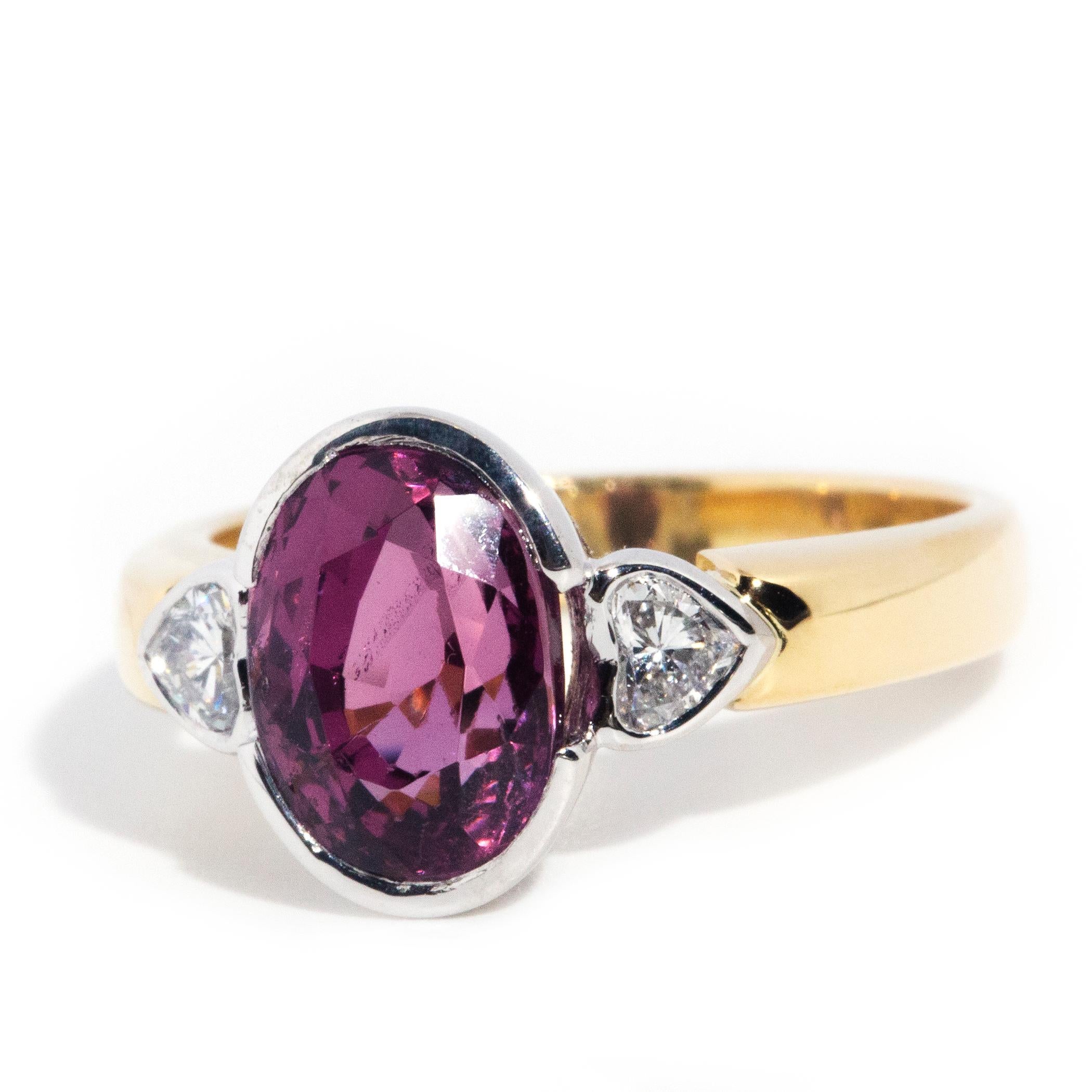 Pink Spinel and Heart Diamond Duo Contemporary 18 Carat Gold Three Stone Ring For Sale 1