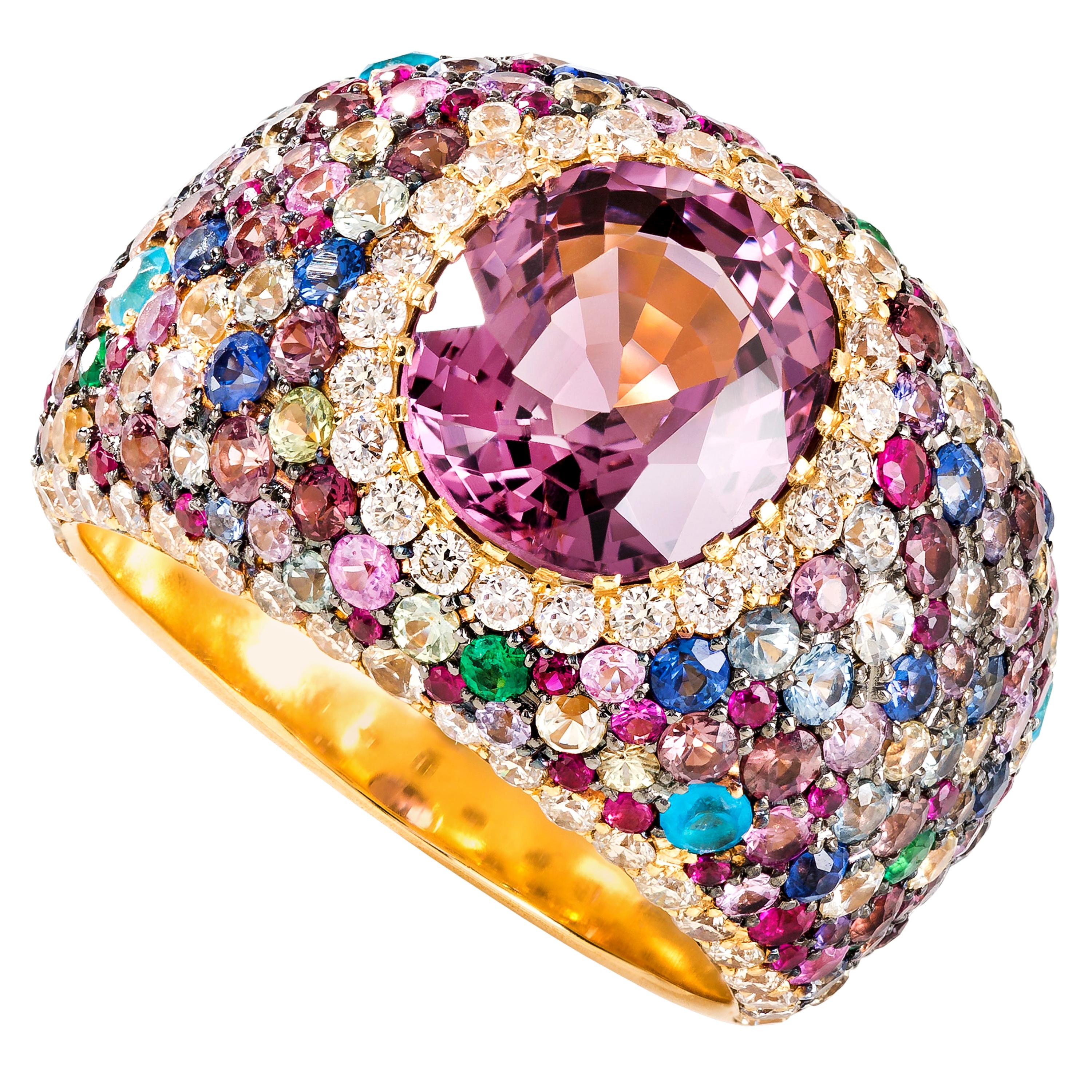 Pink Spinel and Multi-Color Gemstone Contemporary Yellow Gold Cocktail Ring
