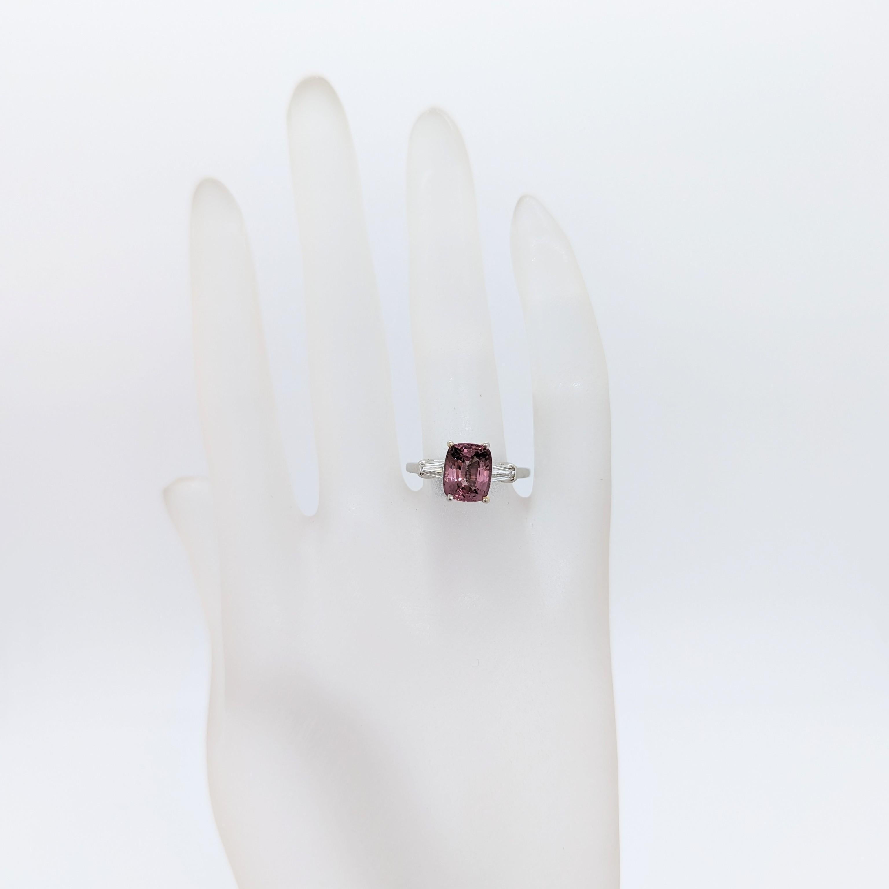 Cushion Cut Pink Spinel and White Diamond Baguette Three Stone Ring in Platinum