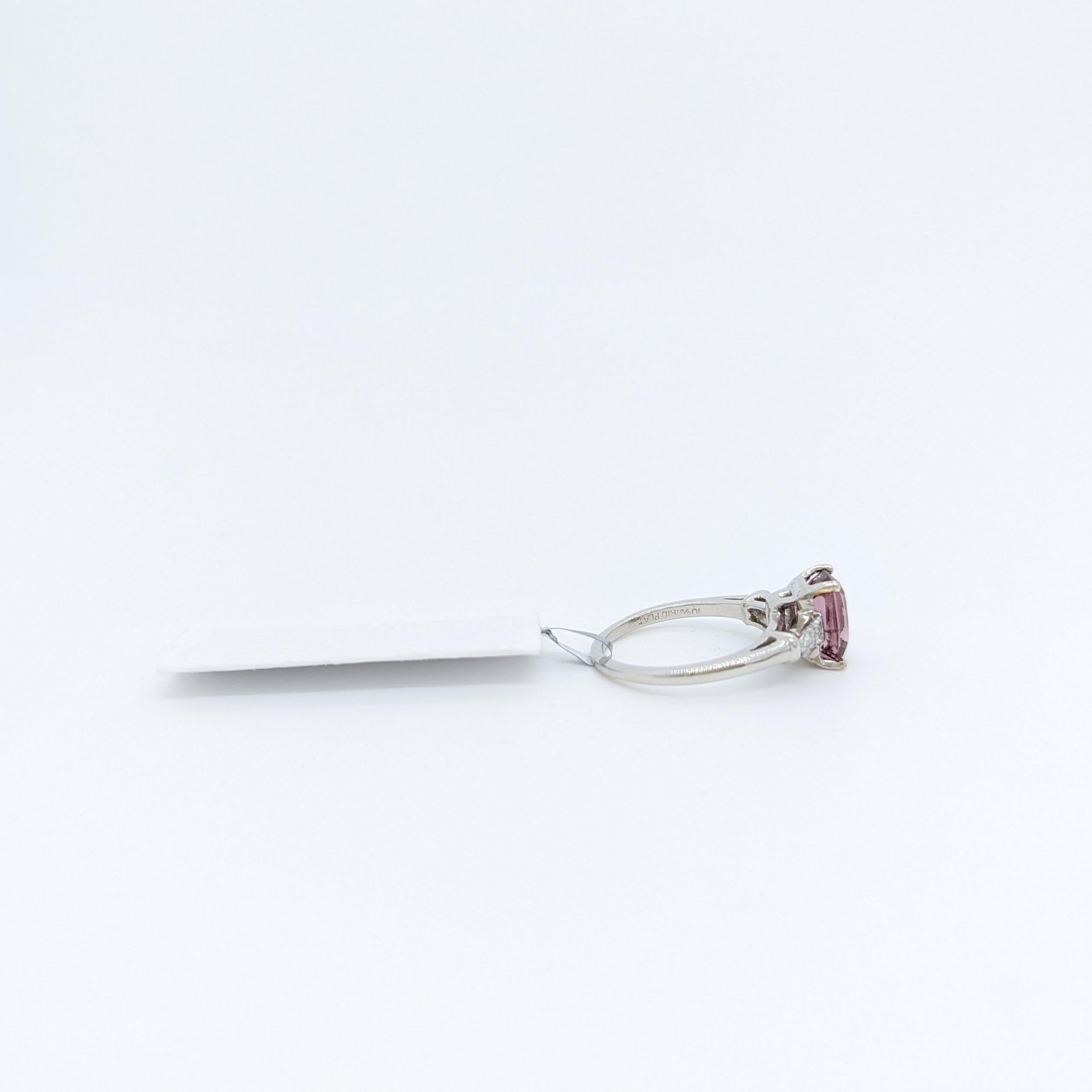Pink Spinel and White Diamond Baguette Three Stone Ring in Platinum 1