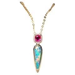 Pink Spinel & Australian Solid Opal Diamond Necklace in 14K Gold