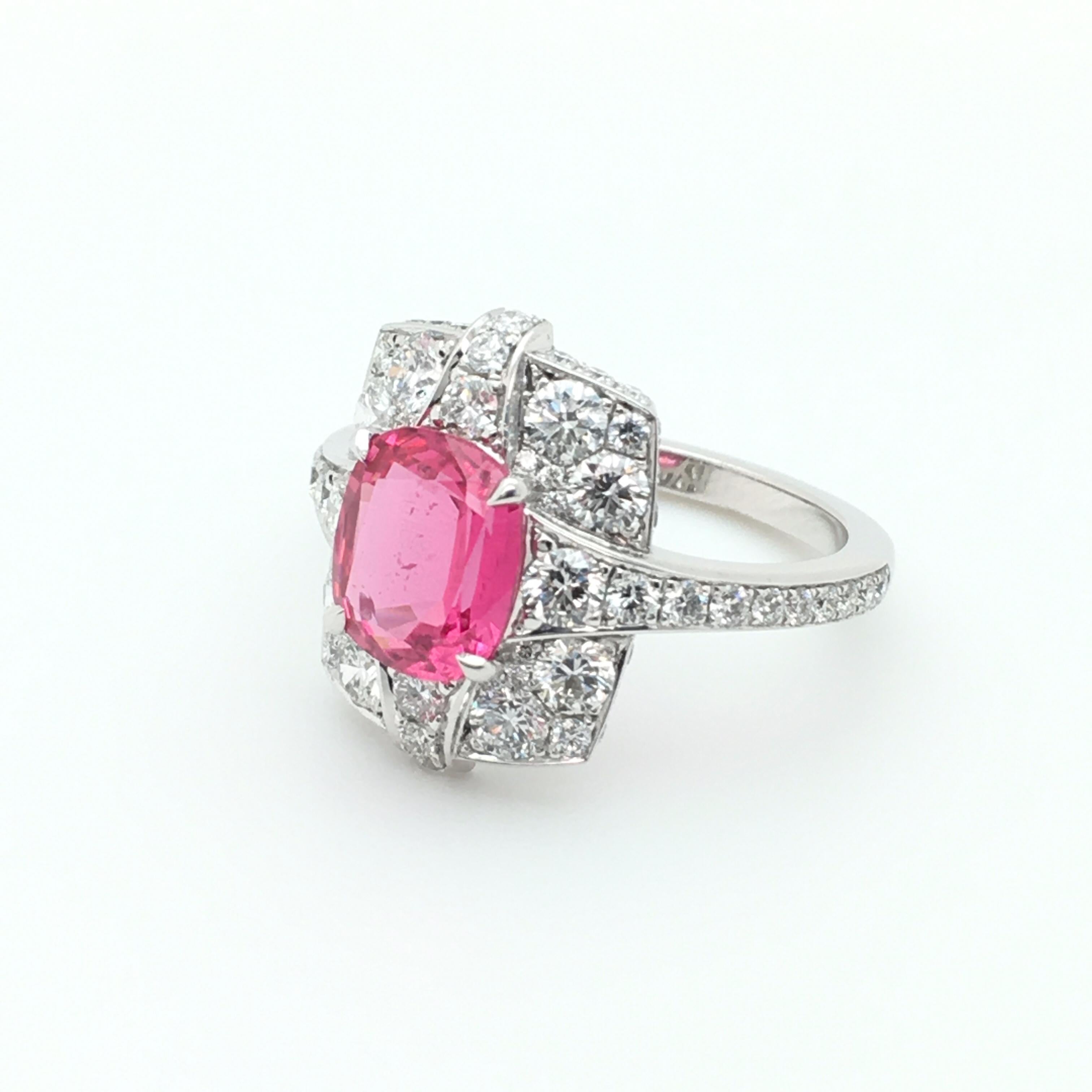 Cushion Cut 2.06 Carat Pink Spinel Cocktail Ring With Diamonds Set In White Gold