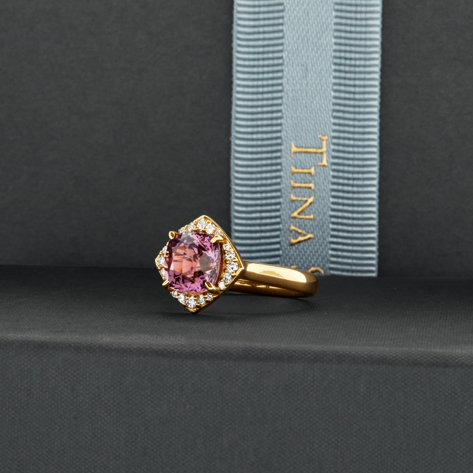 Mixed Cut Pink Spinel, Diamond and 18K Yellow Gold Ring For Sale