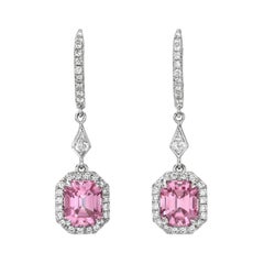 3.97 Carat Emerald Cut Pink Spinel Diamond Halo Drop Earrings in 18K White Gold