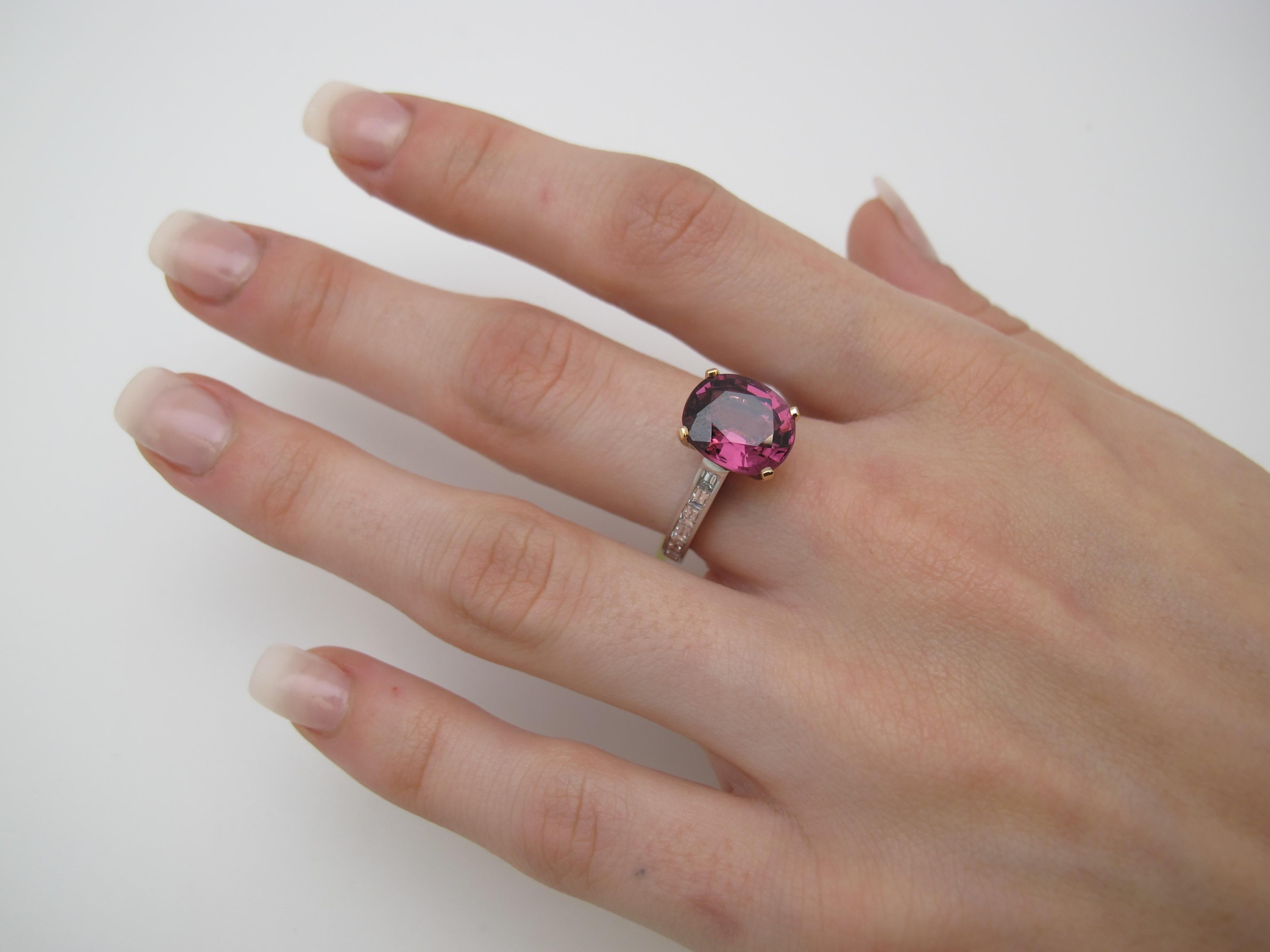 Violetish Pink Spinel (4.84cts) will make you feel pretty in pink! Set in our signature 18k white gold 'Sticks & Stones' mounting with baguette Diamonds (0.67cts tw/F-G- color, VS clarity). Modern and elegant!

Handmade by our jewelers in Los