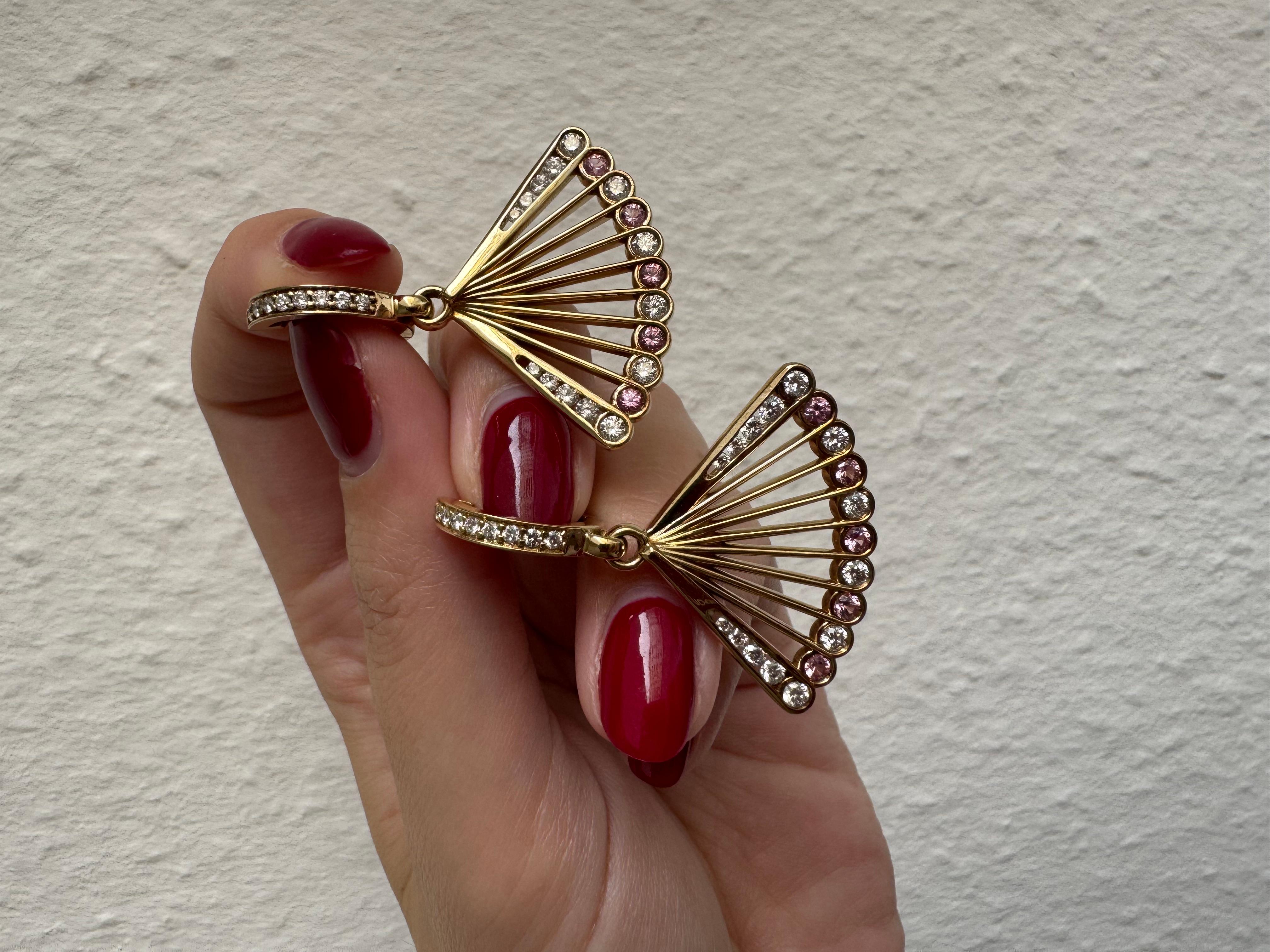 Boucles d'oreilles éventail en or jaune avec spinelle rose et diamant en vente 3