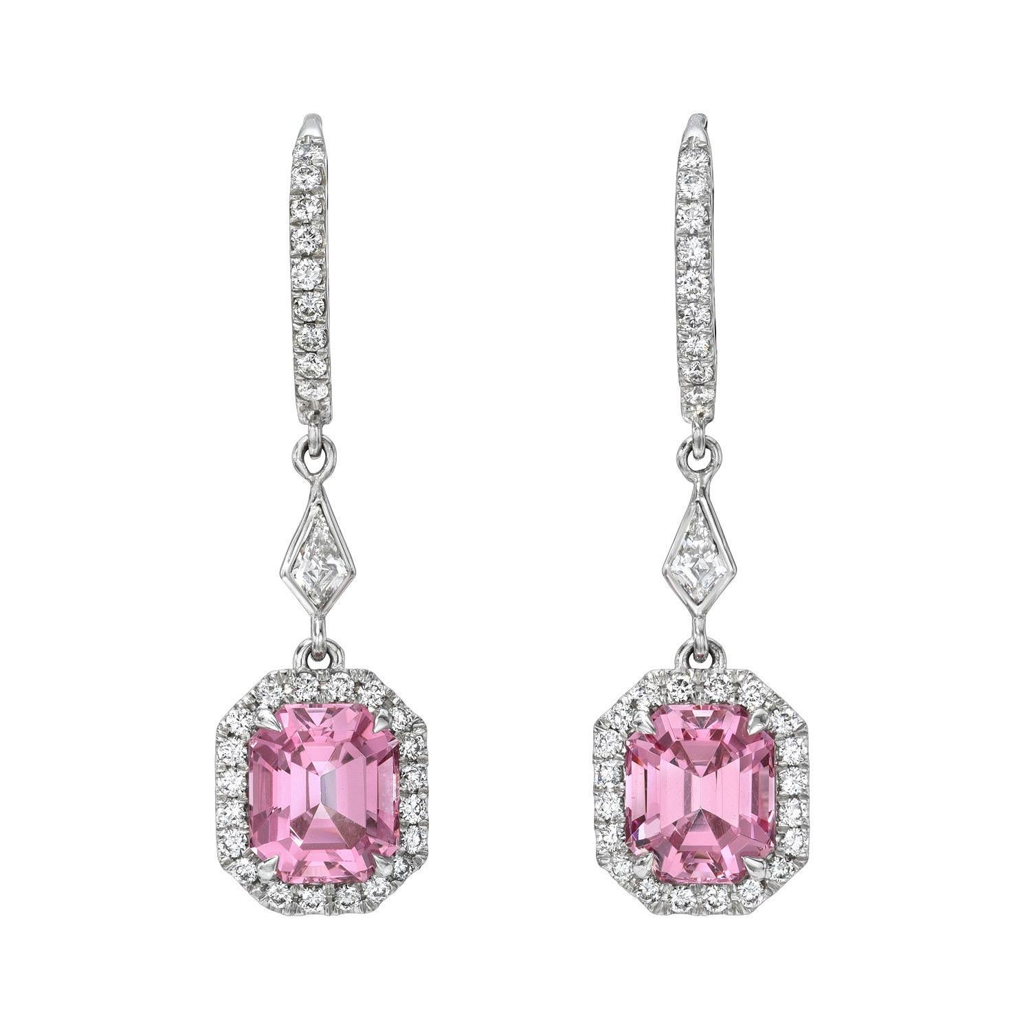 Modern Pink Spinel Diamond Earrings 3.97 Carat Emerald Cut - Fine Jewelry Beverly Hills For Sale