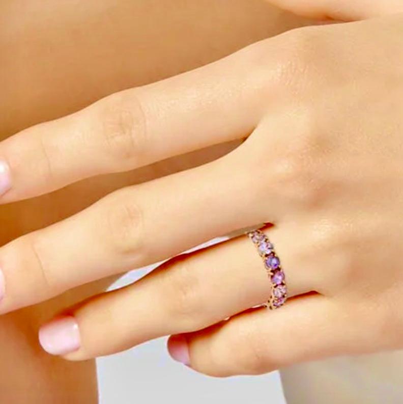Round Cut Pink Spinel Eternity Band Gold Ring 4.2mm For Sale