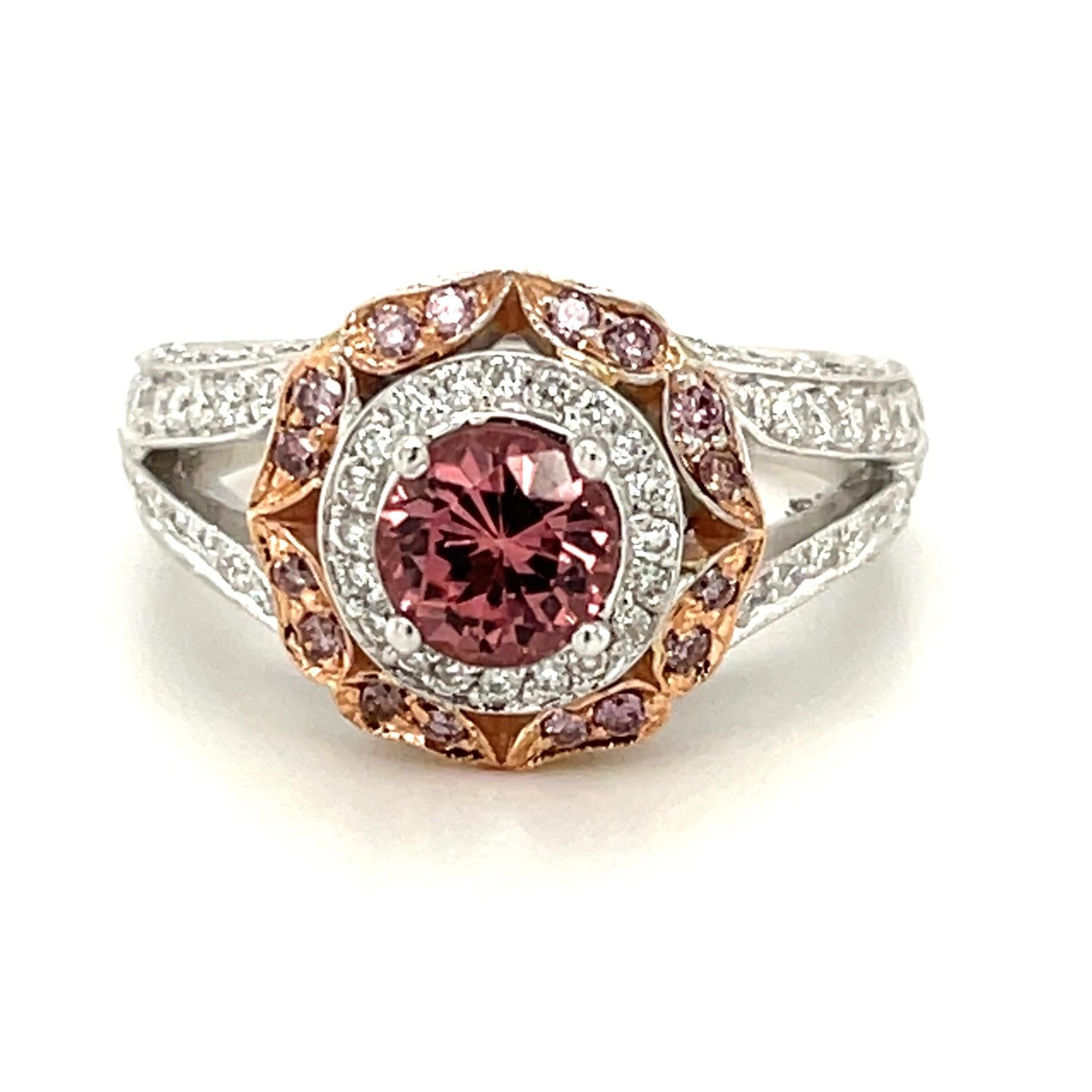 Artisan Pink Spinel, Pink and White Diamond Cocktail Ring in 18k Rose and White Gold For Sale