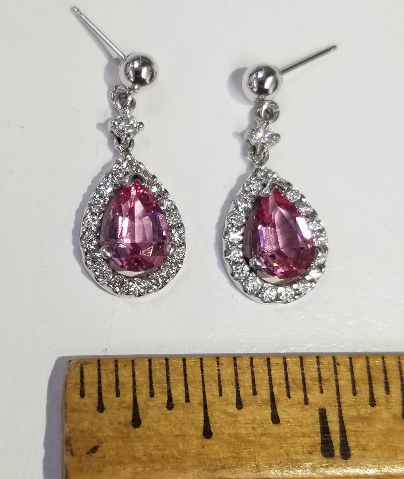 Women's or Men's Pink Spinel Pear Shaped and Diamond Earrings Weighing 2.46 Carat