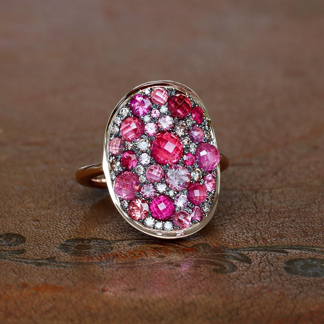 One of a kind Mahenge and Pink Spinel, Pink Tourmaline, Pink Diamond and Ruby Rose Gold Ring, meticulously crafted by Belgian jewellery artist Joke Quick. 
This extraordinary piece captures the essence of elegance and sophistication with its