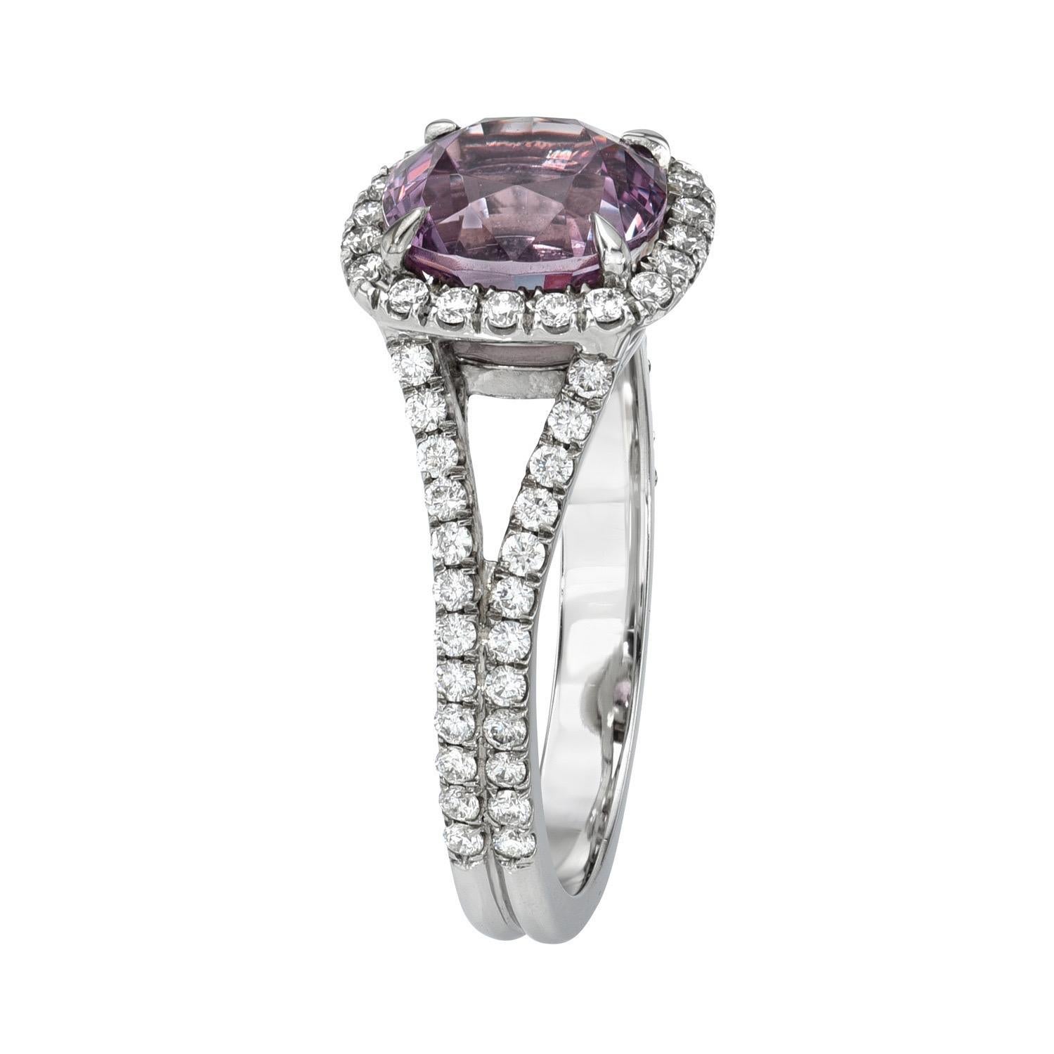 2.22 carat Pink Spinel cushion platinum ring, decorated with a total of 0.43 carats of round brilliant diamonds.
Ring size 6. Resizing is complementary upon request.
Returns are accepted and paid by us within 7 days of delivery.

Please FOLLOW the