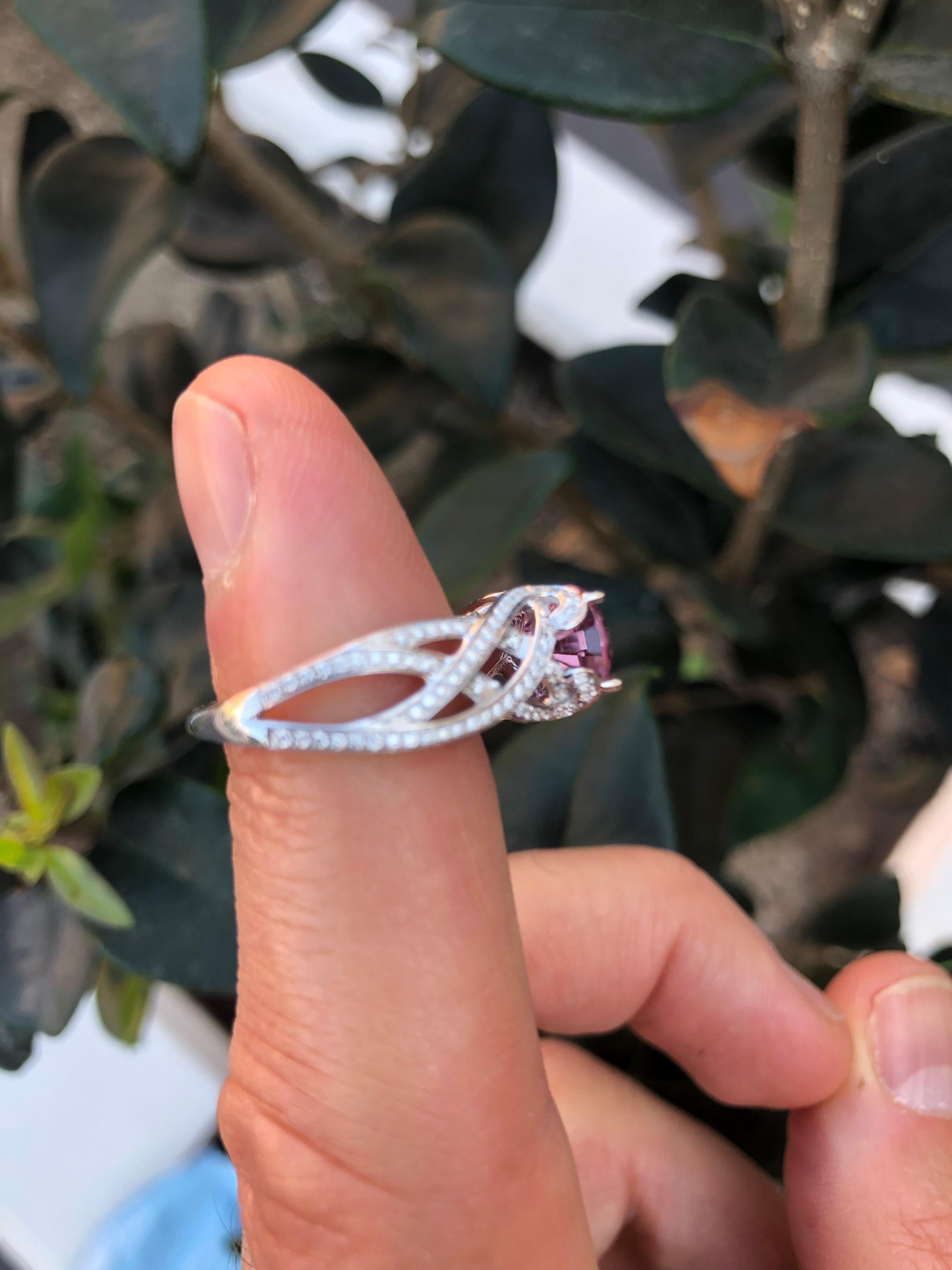 Pink Spinel Ring Oval 3.18 Carats 18K White Gold Diamonds For Sale 2