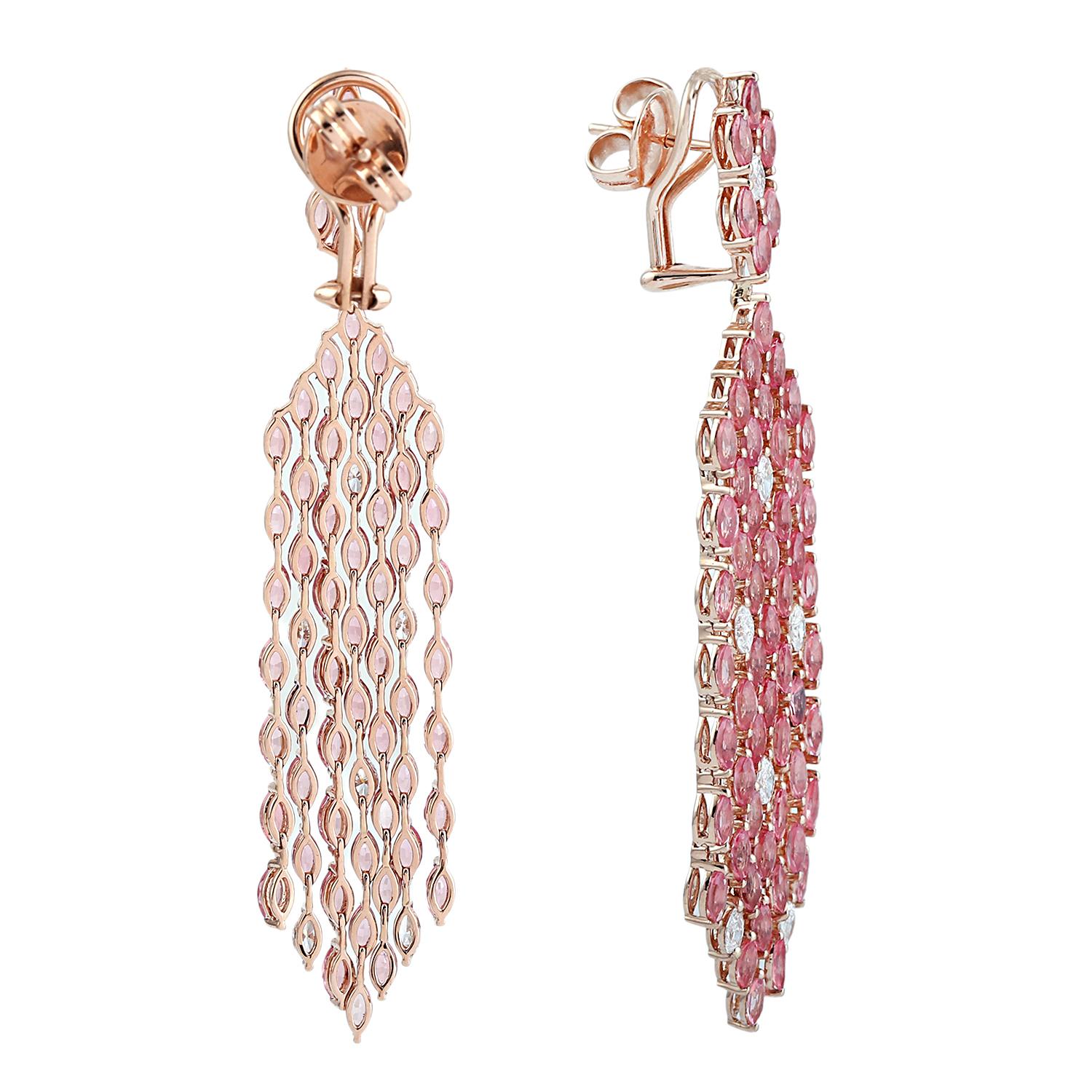 Artigiano Orecchini a cascata di spinello rosa con diamanti in oro rosa 18 ct. in vendita