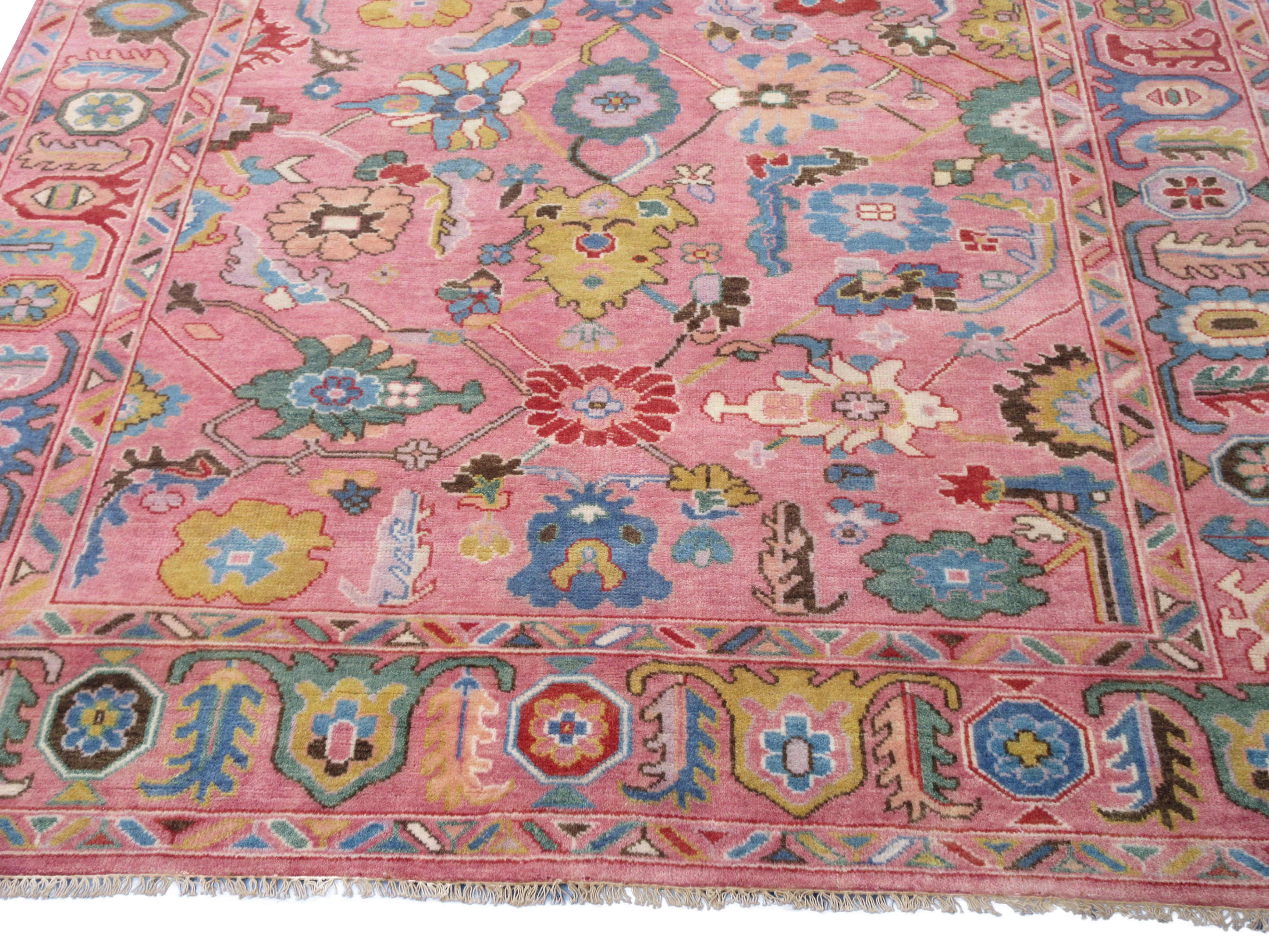Hand-Knotted Pink Square Oushak For Sale