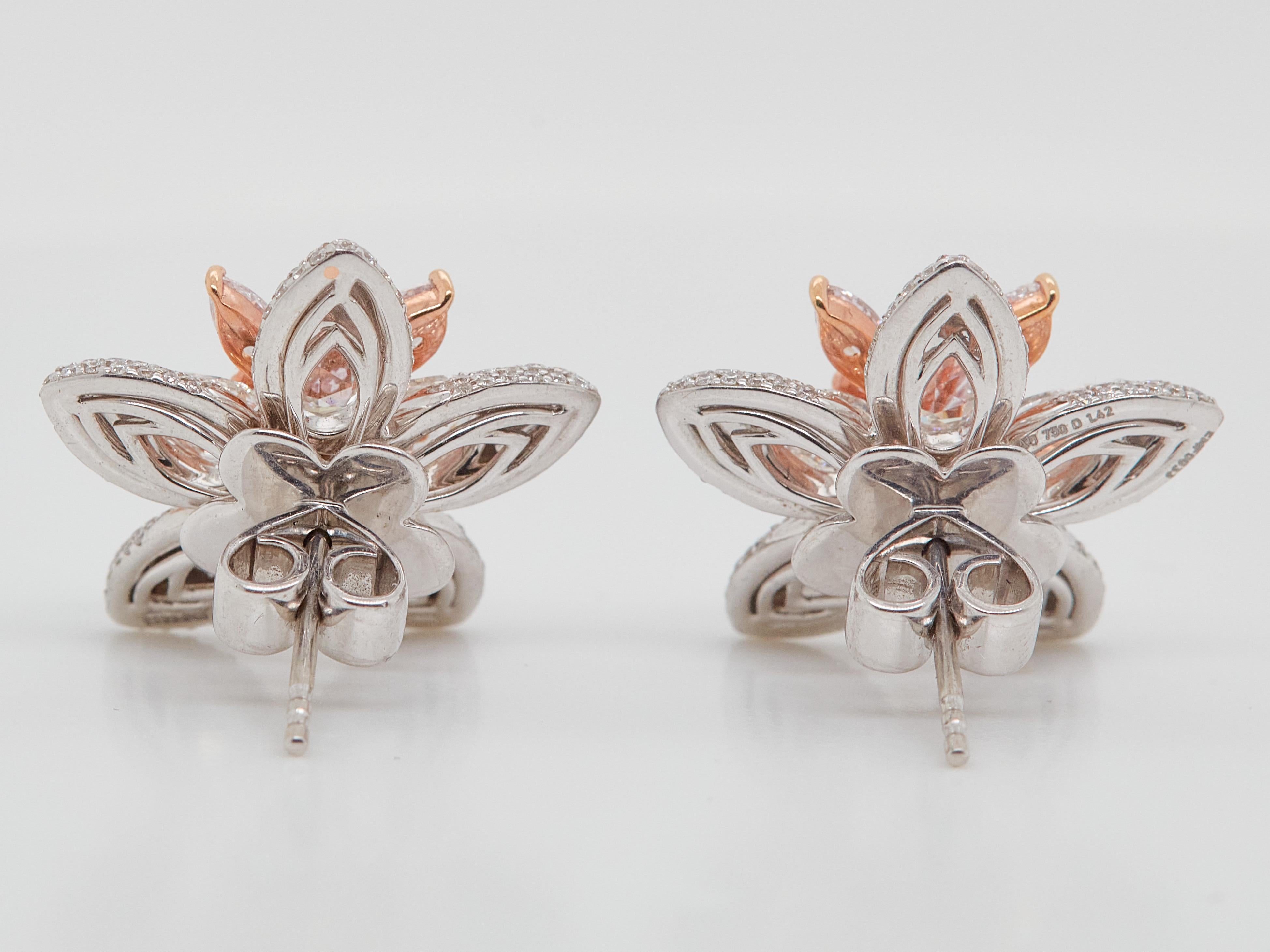 Art Nouveau Pink Star Marquise Cut Fancy Pink Diamond Cluster Stud Earrings, 18k Gold For Sale