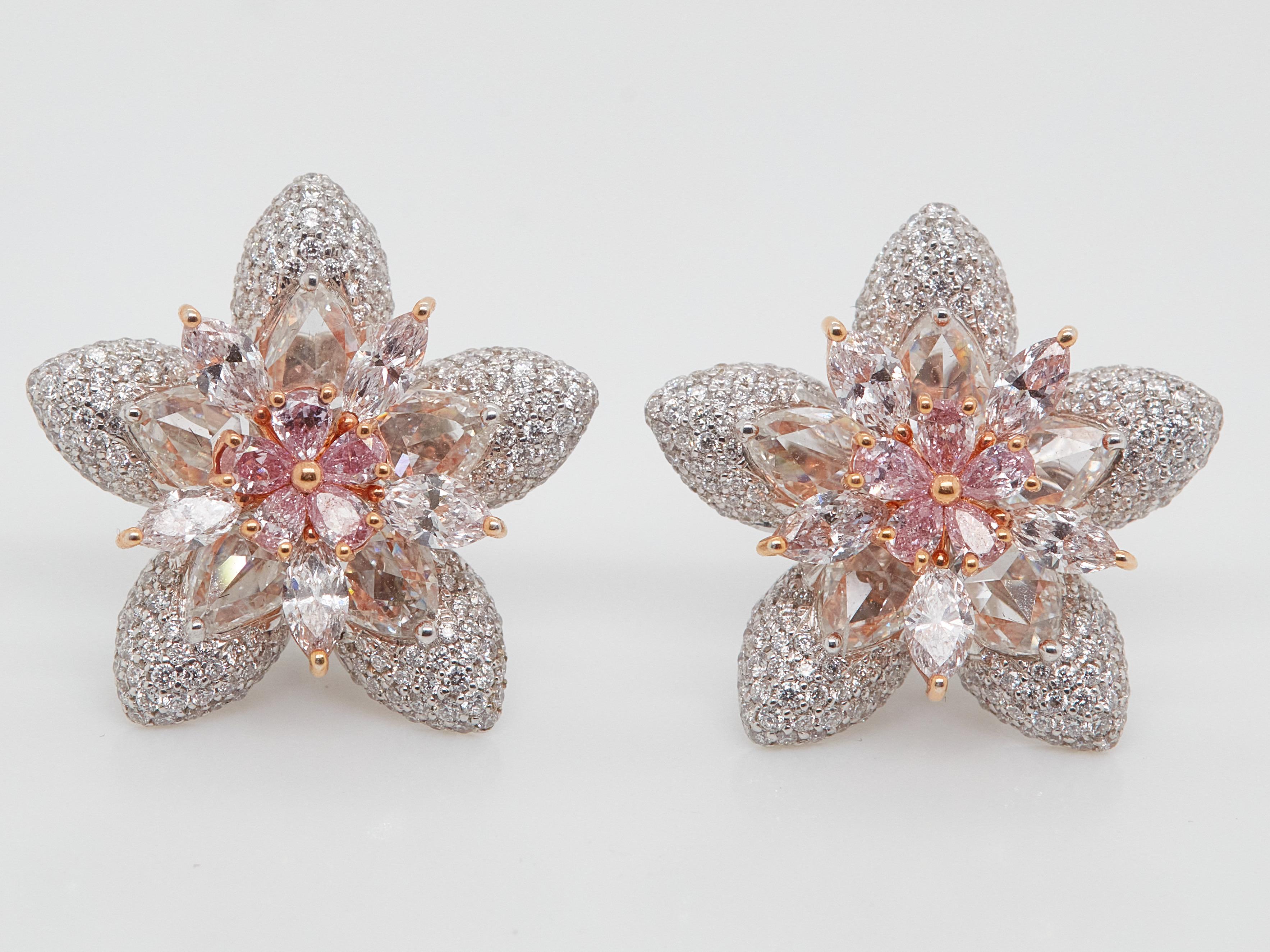 Pink Star Marquise Cut Fancy Pink Diamond Cluster Stud Earrings, 18k Gold In New Condition For Sale In New York, NY