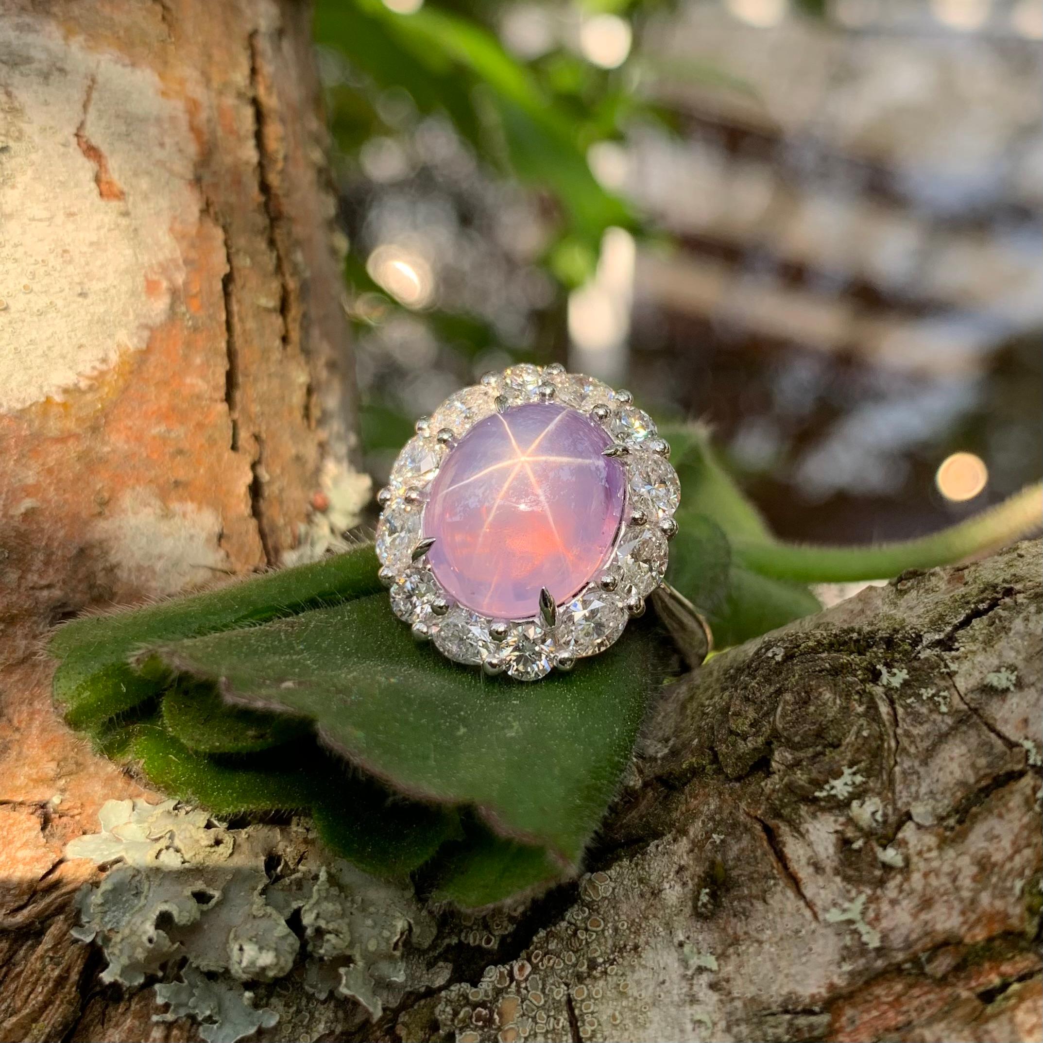 A transparent pastel pink star sapphire of 10.12 ct with an crystal clear body and exceptionally sharp star. The sapphire is untreated and from Sri Lanka. Surrounded by magnificent oval and round brilliant-cut diamonds totaling 1.40 ct, adding an