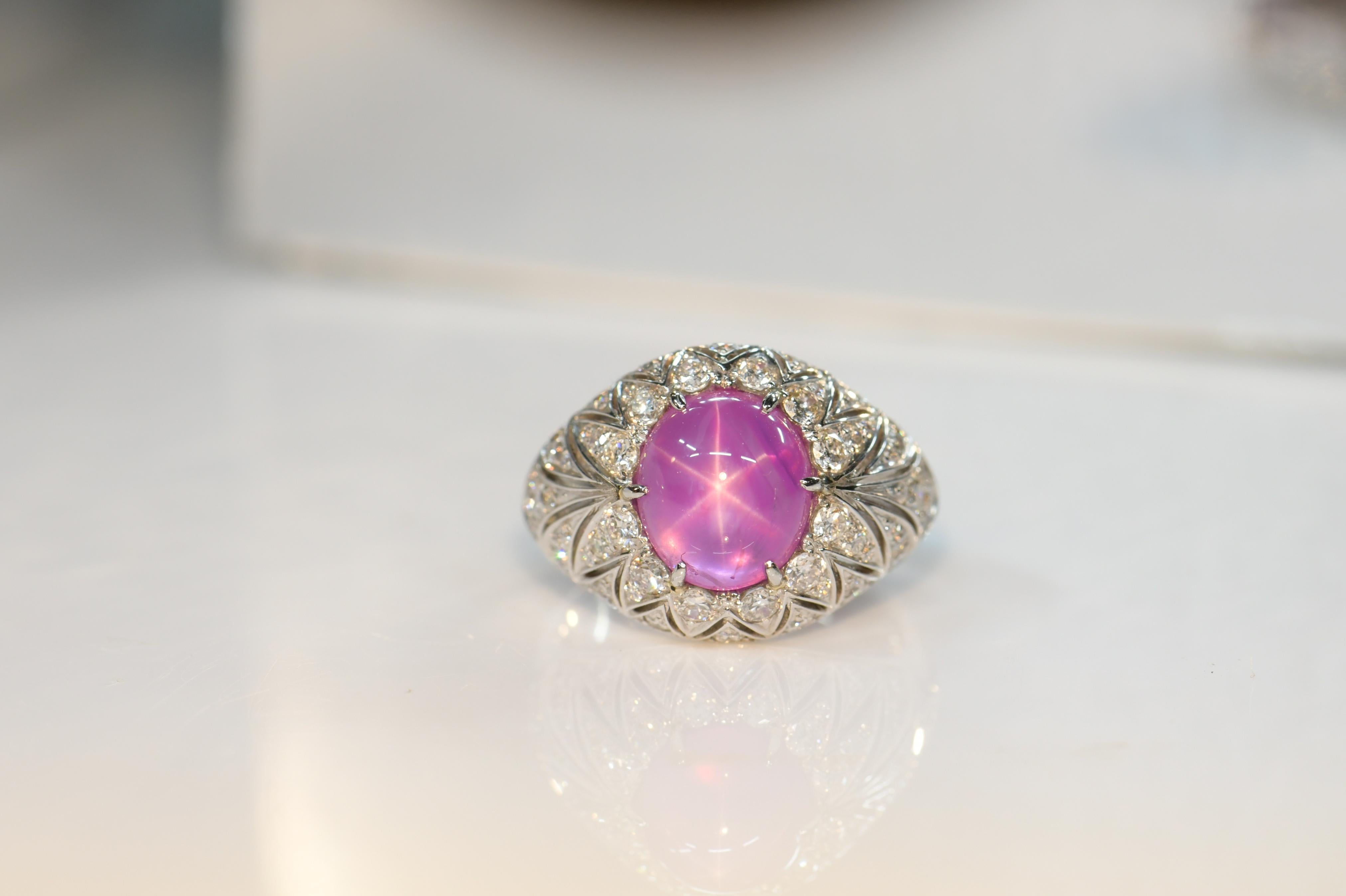 Pink Star Sapphire Diamond Ring In Excellent Condition For Sale In Banbury, GB