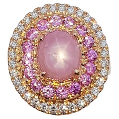 Pink Star Sapphire, Pink Sapphire and Diamond Ring Set in 18 Karat Rose Gold