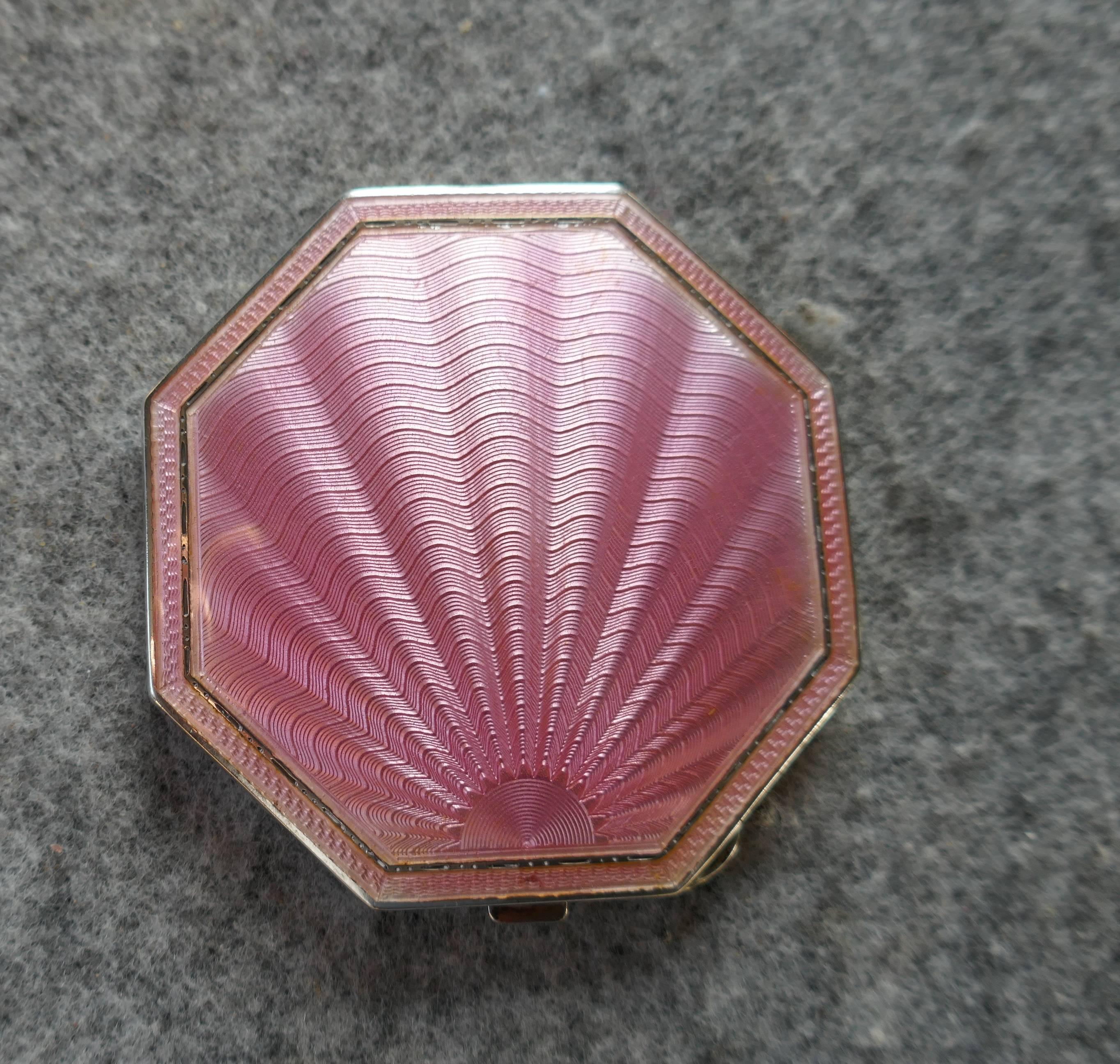 Pink Sterling Silver Guilloche Enamel Art Deco Compact Case 2