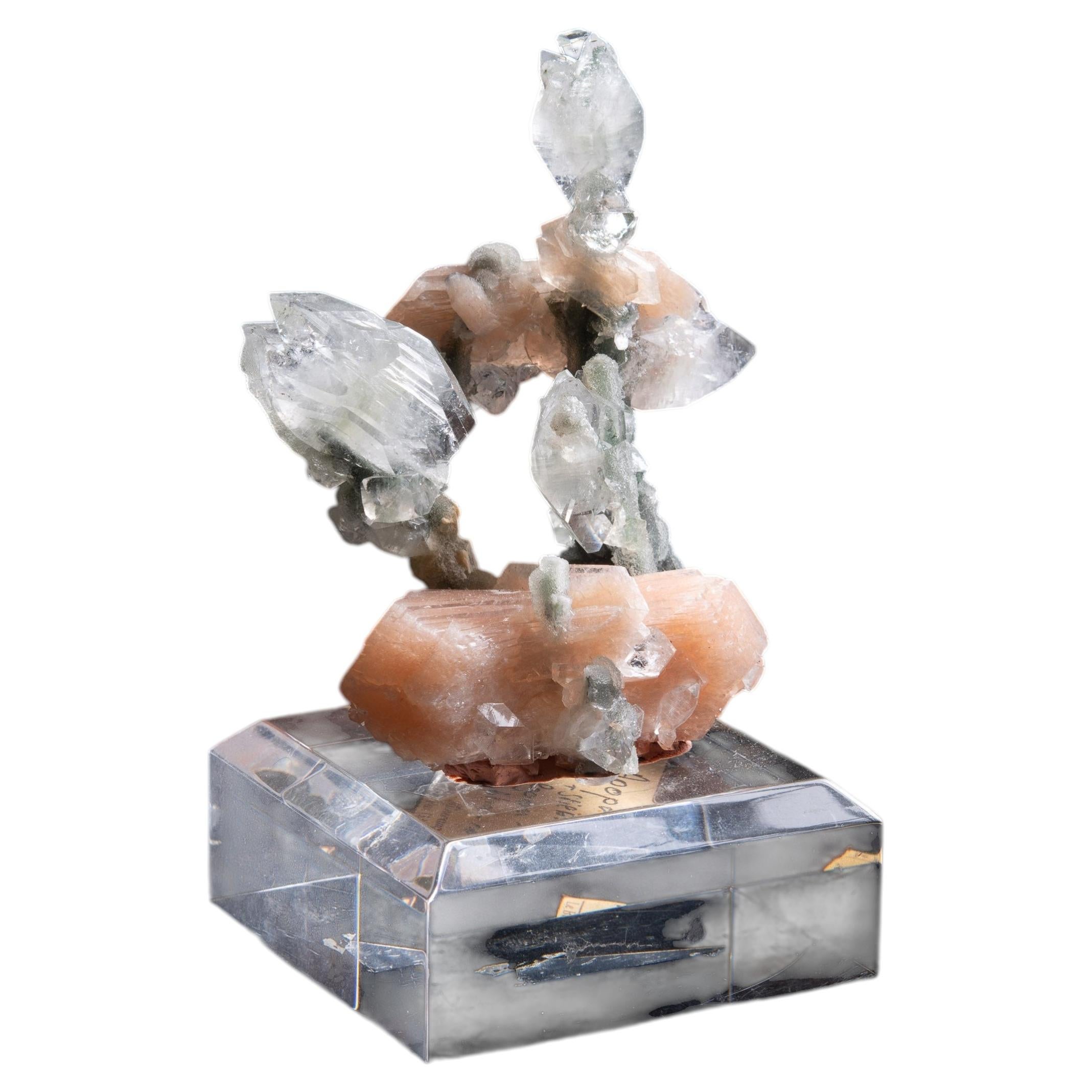 Pink Stilbite Bowtie Formation on Green-Grey Sparkling Stalactites For Sale