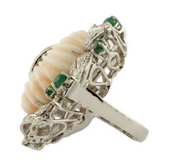 Engraved Pink Coral Flower Diamonds Emeralds White Gold Cocktail Ring