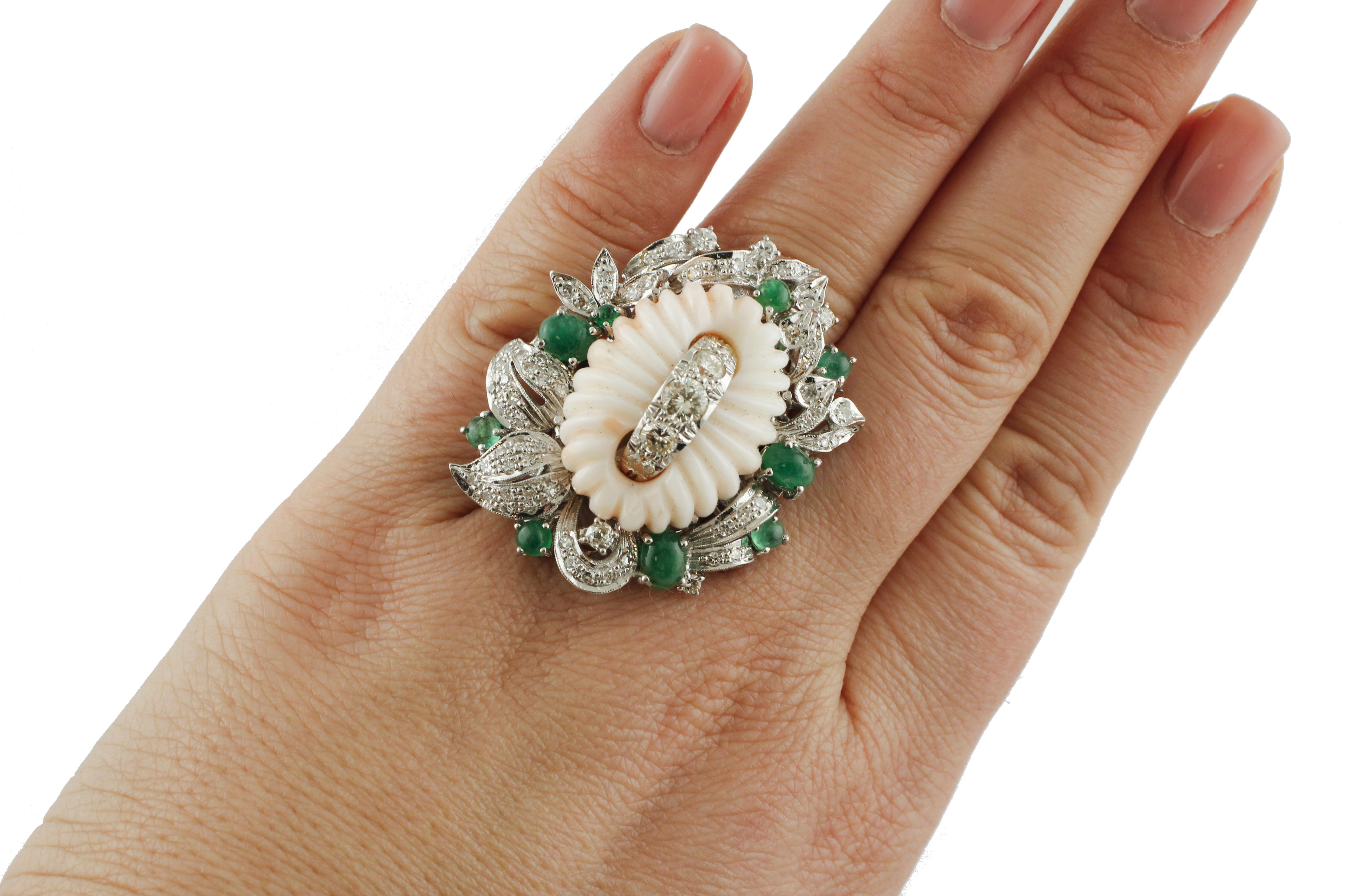 Women's Engraved Pink Coral Flower Diamonds Emeralds White Gold Cocktail Ring