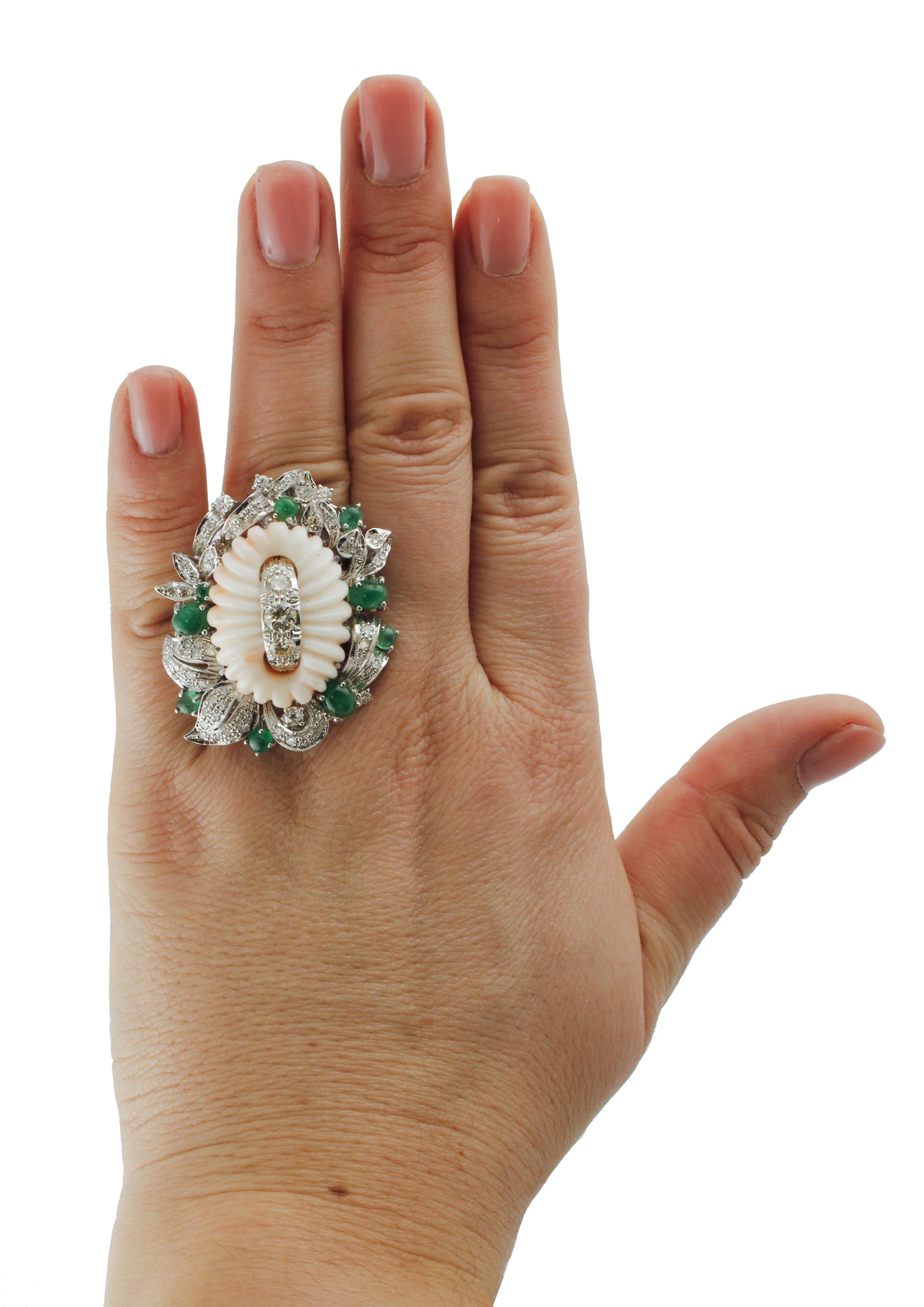 Engraved Pink Coral Flower Diamonds Emeralds White Gold Cocktail Ring 1