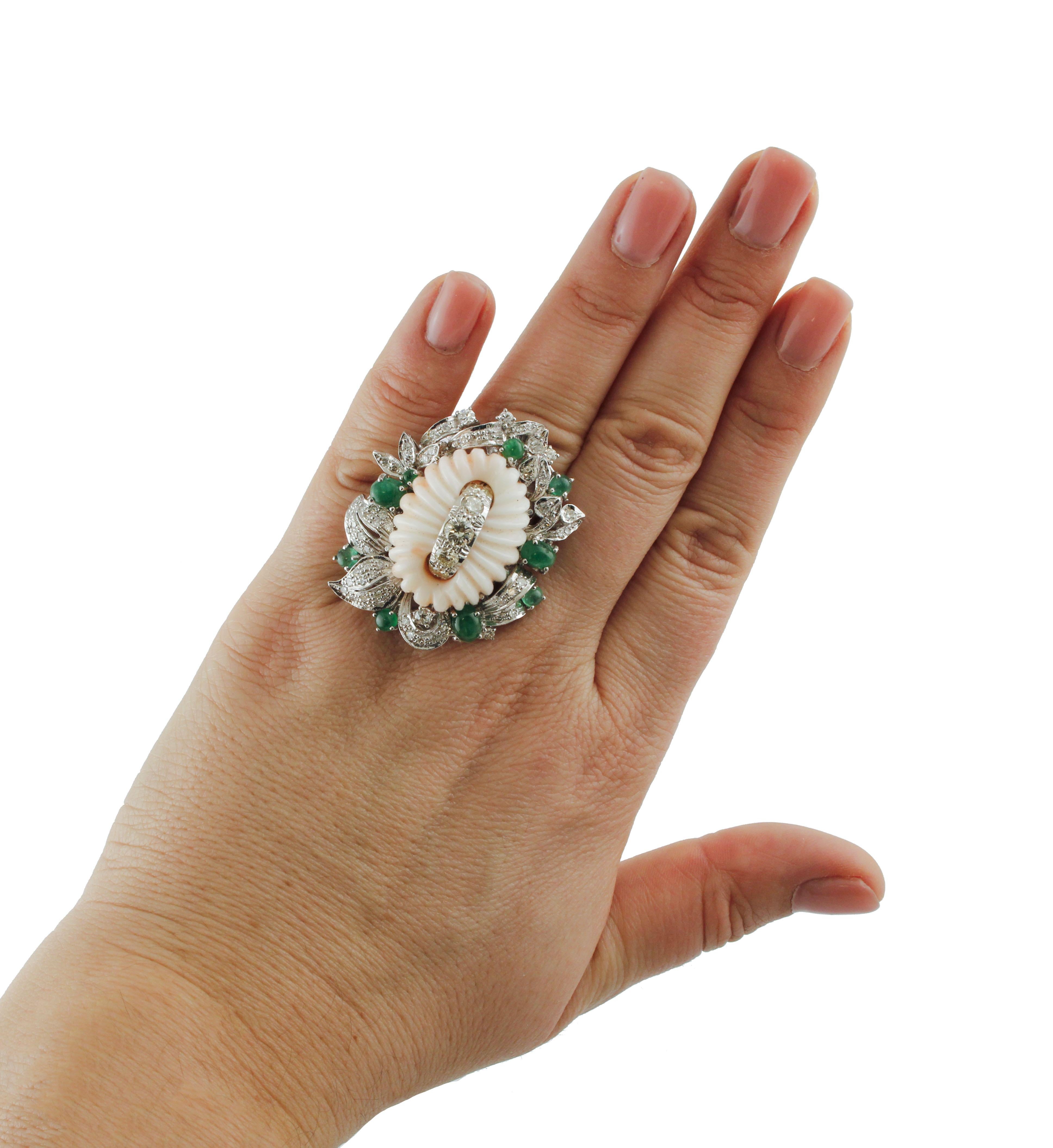 Engraved Pink Coral Flower Diamonds Emeralds White Gold Cocktail Ring 2