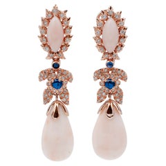Pink Stones, Sapphires, Diamonds, 14 Karat Rose Gold Drop Earrings