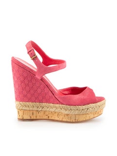 Pink Suede Monogram Platform Wedge Sandals Size IT 37