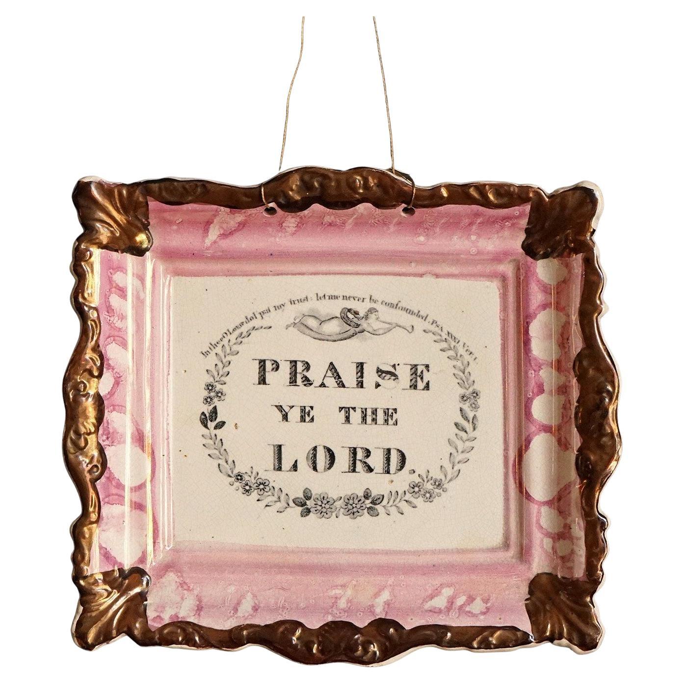 Pink Sunderland Lustre Praise Ye The Lord Pottery Plaque, Mid 19th Century