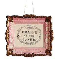 Antique Pink Sunderland Lustre Praise Ye The Lord Pottery Plaque, Mid 19th Century