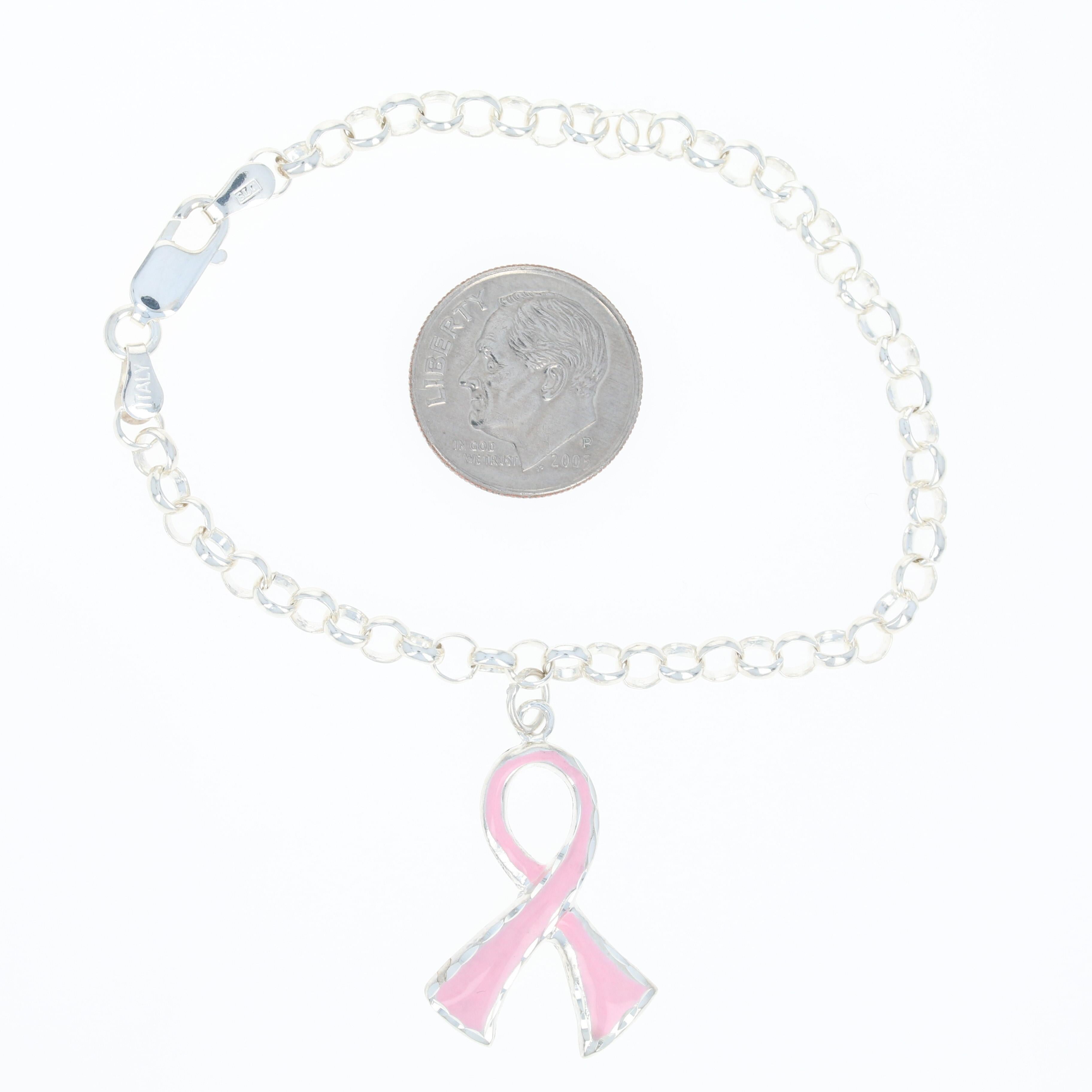 Women's or Men's Pink Support Ribbon Charm Bracelet Sterling Silver Rolo Chain Italian For Sale
